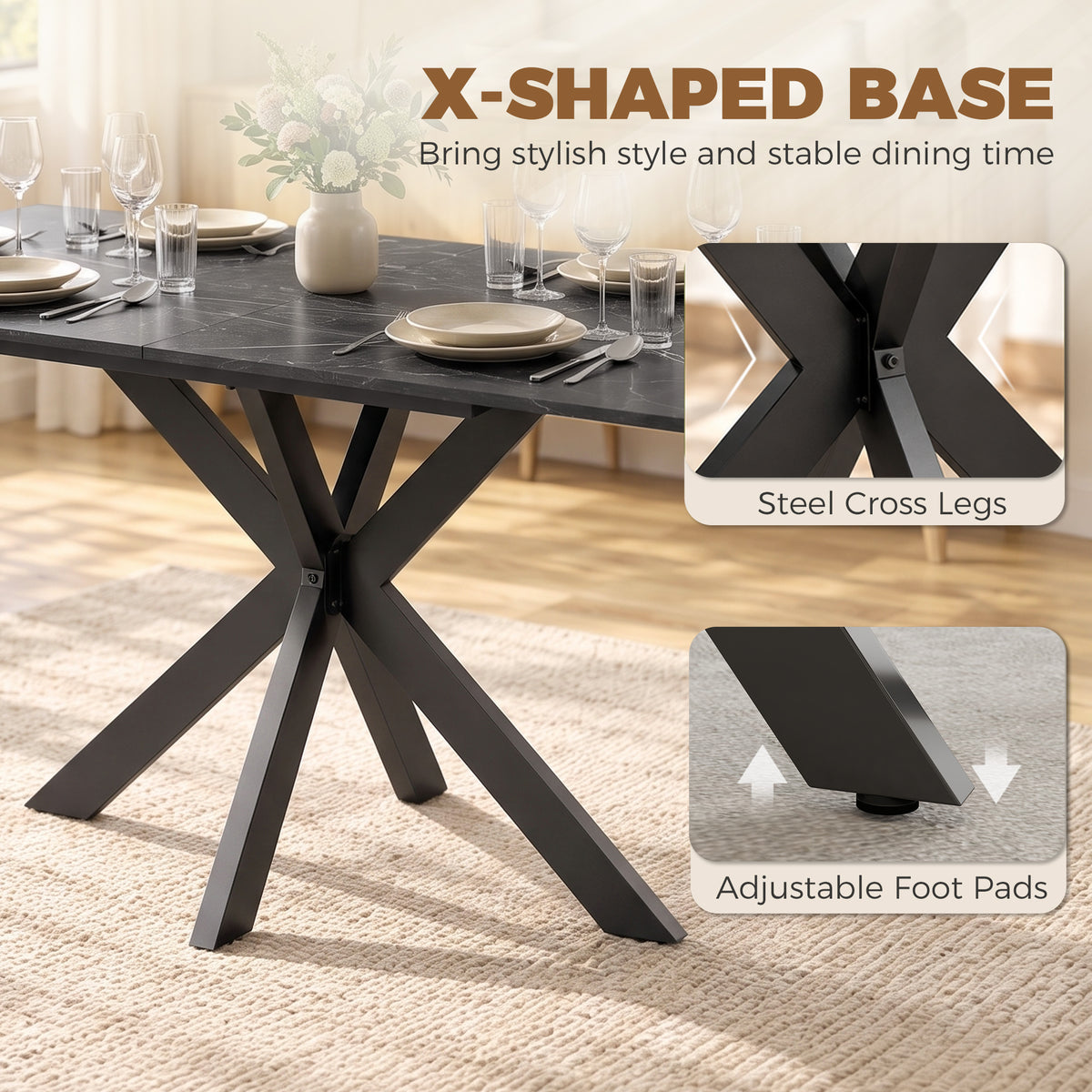 Extendable dining table with X-shaped steel base and adjustable foot pads