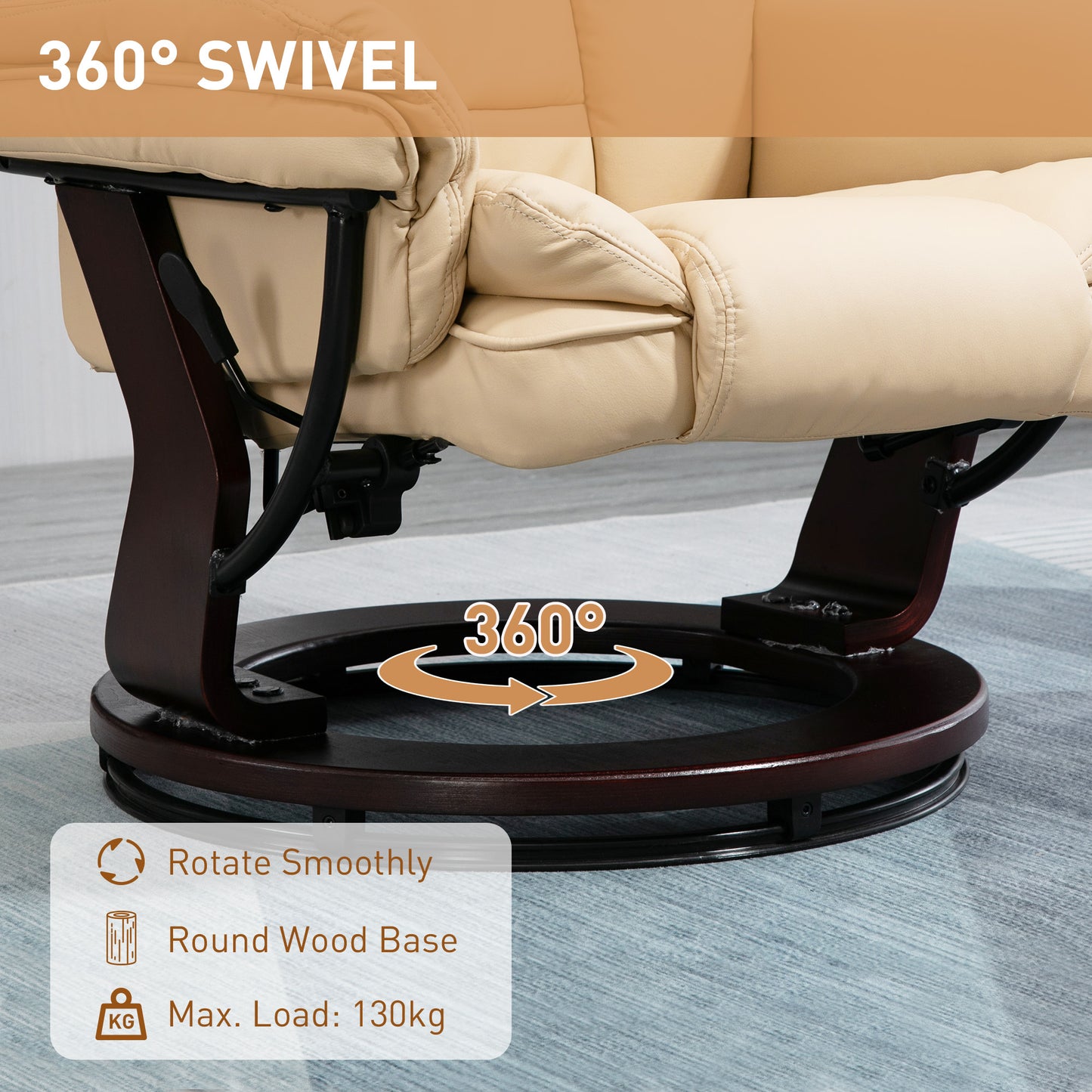 HOMCOM Faux Leather 135 Degree Reclining Chair and Footstool Beige Lounge Set for Ultimate Relaxation