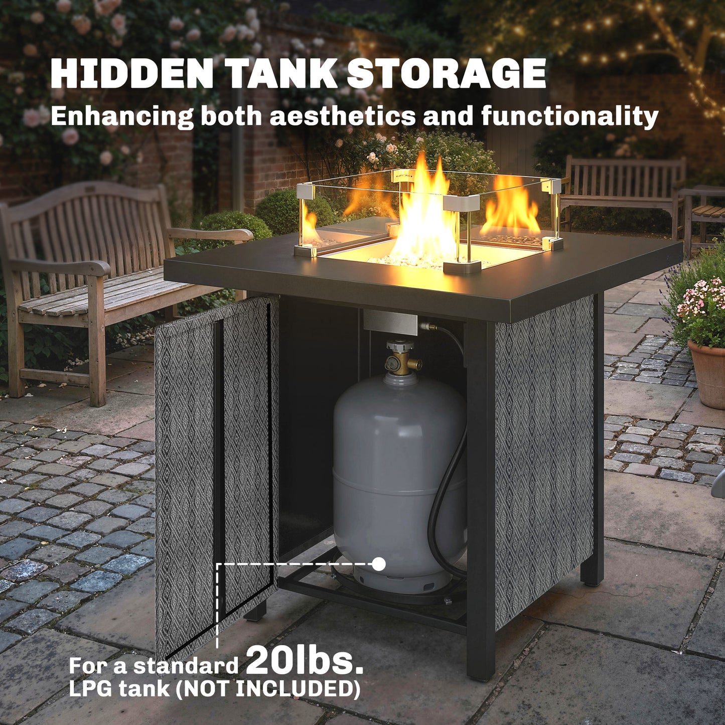 Outsunny Propane Gas Fire Pit Table Outdoor Garden 11.7 KW Smokeless Heater With Wind Guard Glass Rocks Lid Black