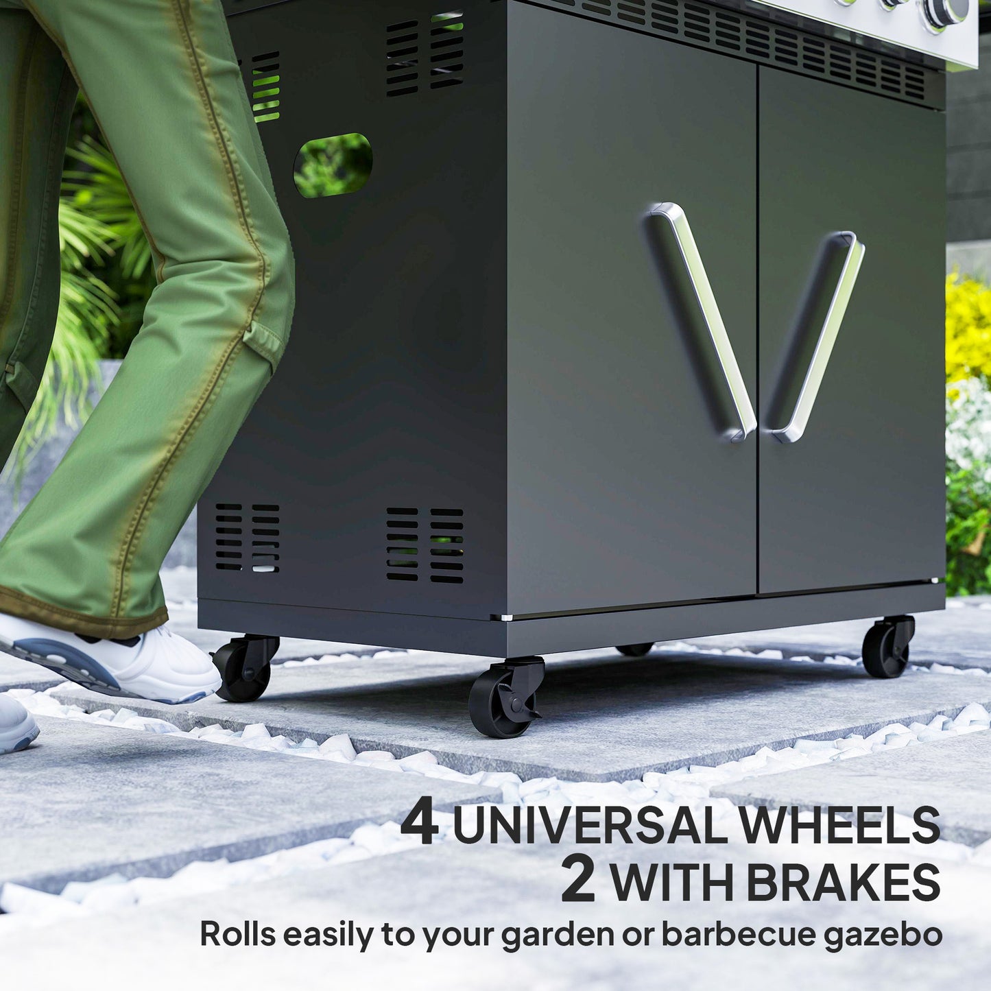Outsunny 4 Plus 1 Burner Gas BBQ Grill With Clear View Lid Barbecue Grill Builtin Thermometer Side Table Cabinet Wheels