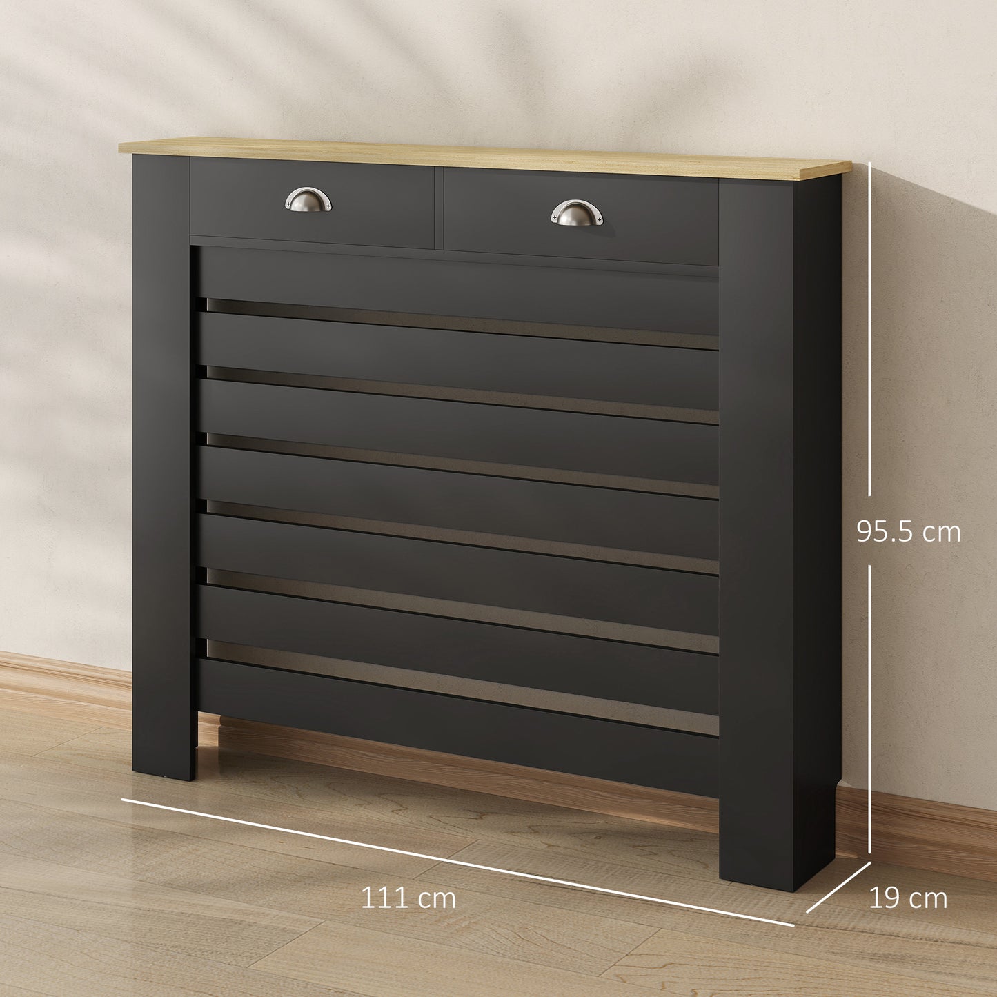 HOMCOM Radiator Cover With Drawer Black 95.5H X 111W cm Slim Slatted MDF And Particle Board
