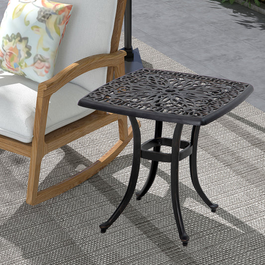 Outsunny Cast Aluminium Bistro Table Outdoor Square Side Table With Umbrella Hole Garden Table For Balcony Bronze Tone