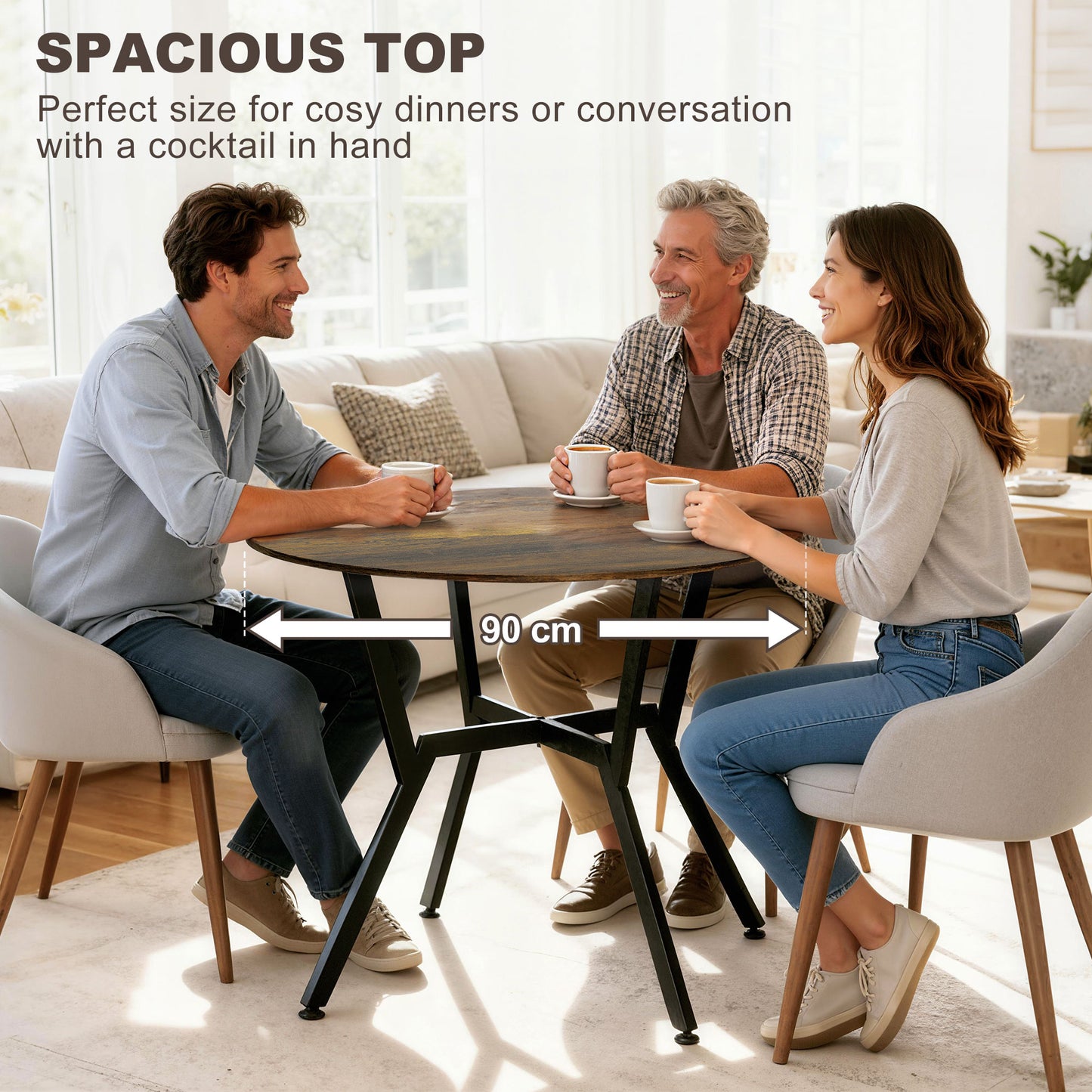 HOMCOM Round Dining Table With Black Legs Rustic Brown 90 By 76 Cm Anti Slip Foot Pads For Living Room And Dining Room