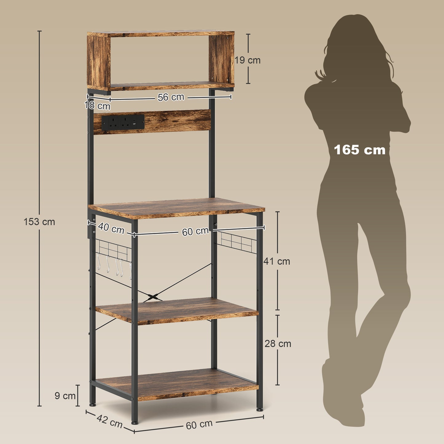 HOMCOM Kitchen Storage Rack With Power Outlet And USB Charger Rustic Brown Bakers Rack For Kitchen Organization