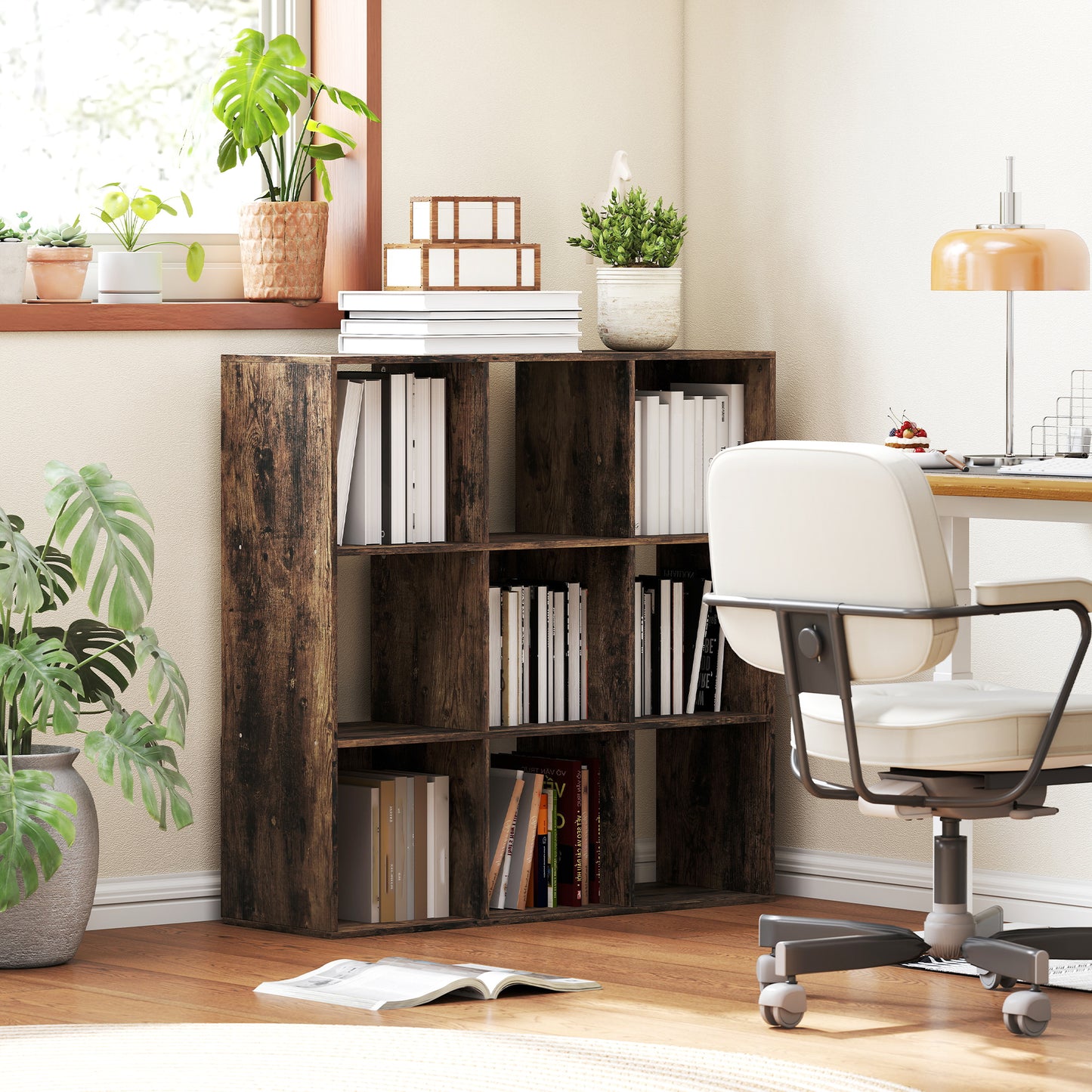 HOMCOM Nine Cube Storage Shelf Rustic Brown Multi Compartment Cube Organizer For Home And Office
