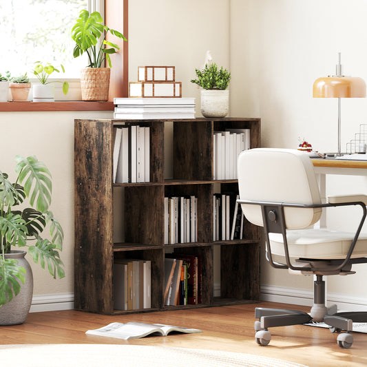 HOMCOM Nine Cube Storage Shelf Rustic Brown Multi Compartment Cube Organizer For Home And Office