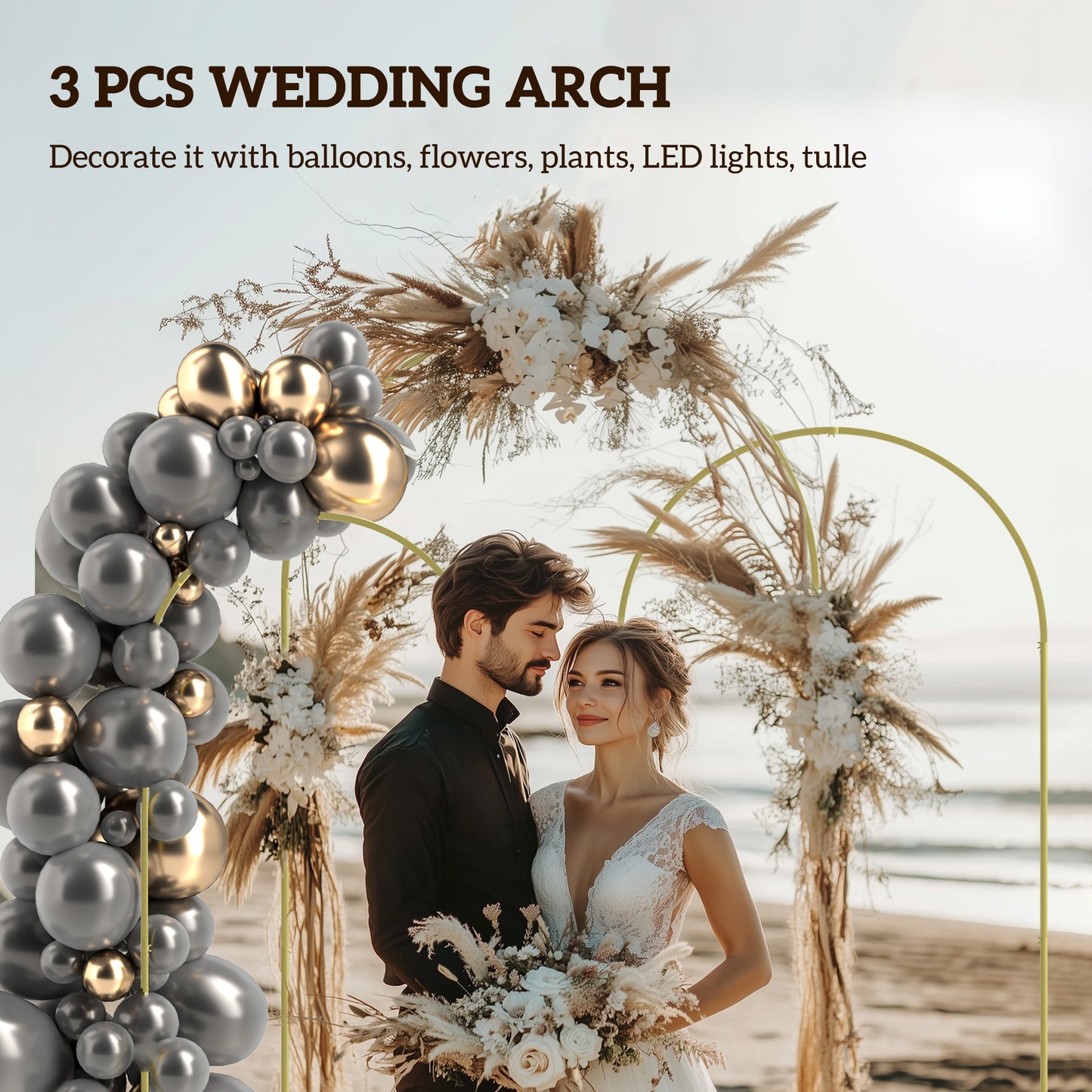 Outsunny Wedding Arch Frame Set 3 Metal Backdrop Stands Gold Tone 1.8m 2m 2.2m Balloon Stand Set For Parties
