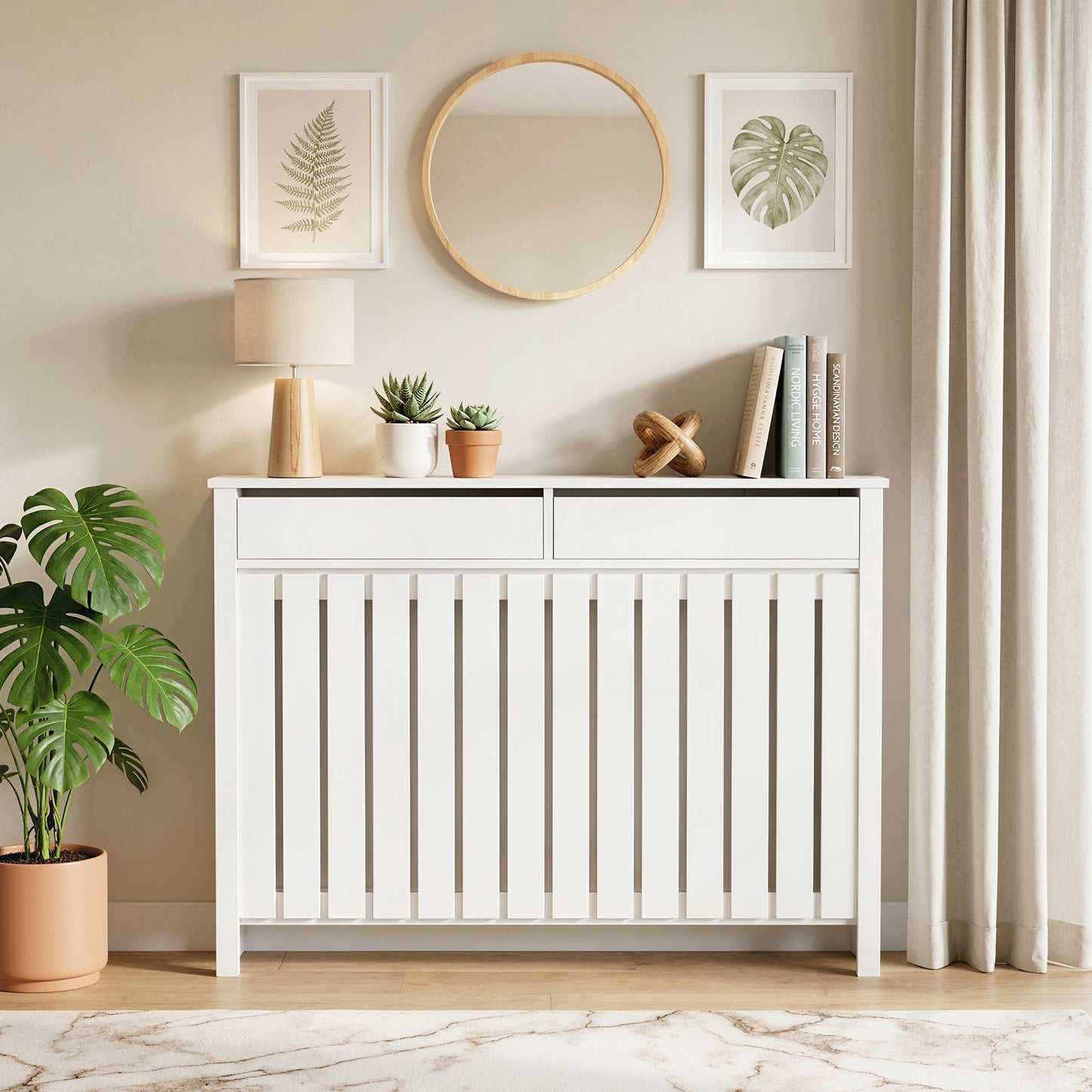 HOMCOM 93 By 119 Cm Rustic Look White Radiator Cover With MDF Construction And Vertical Slats For Safe Heat Flow