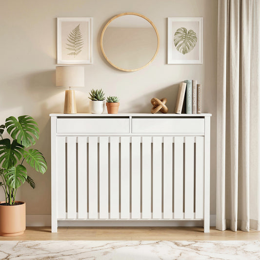 HOMCOM 93 By 119 Cm Rustic Look White Radiator Cover With MDF Construction And Vertical Slats For Safe Heat Flow
