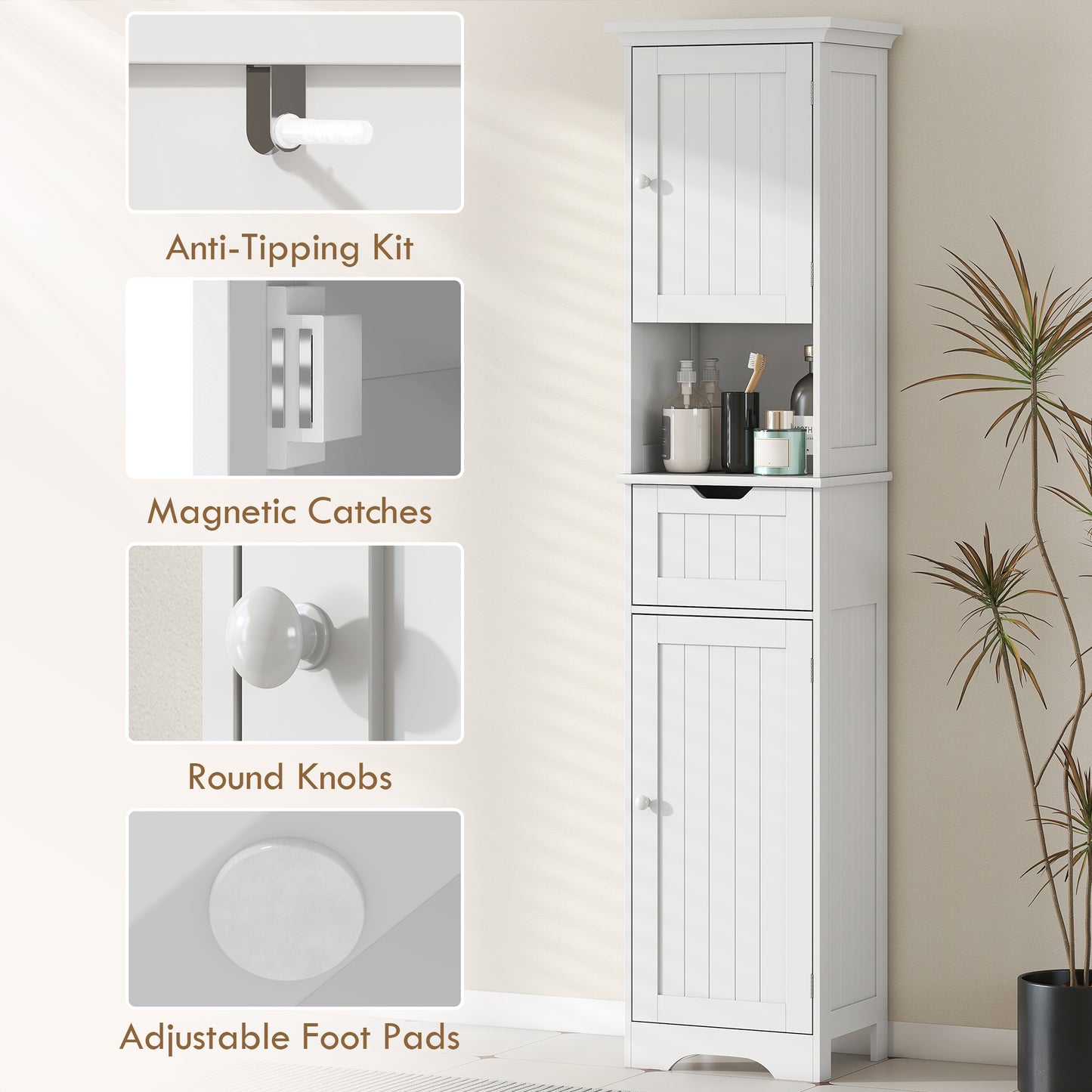 HOMCOM Slim Bathroom Storage Cabinet With Motion Sensor LED Lights White With Upper And Lower Cupboards And Drawer