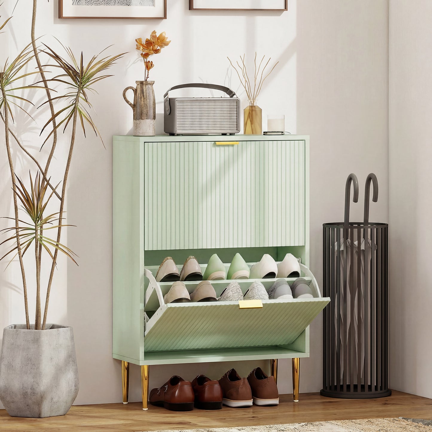 HOMCOM Elegant Two Drawer Shoe Cabinet In Light Green With Ridged Front Doors And Gold Accents Holds 6 to 12 Pairs