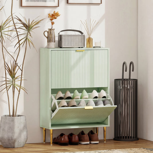 HOMCOM Elegant Two Drawer Shoe Cabinet In Light Green With Ridged Front Doors And Gold Accents Holds 6 to 12 Pairs
