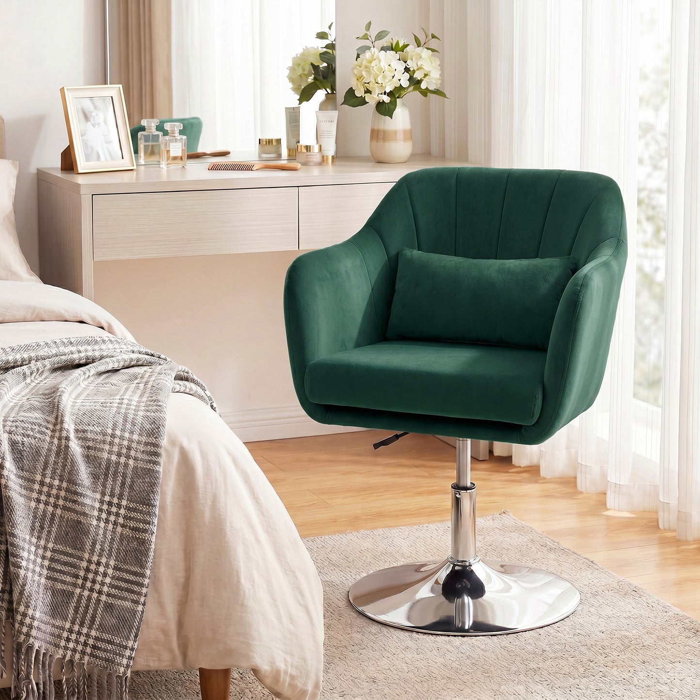 HOMCOM Retro Velvet Swivel Tub Chair With Steel Frame Cushioned Seat Dark Green Modern Lounge