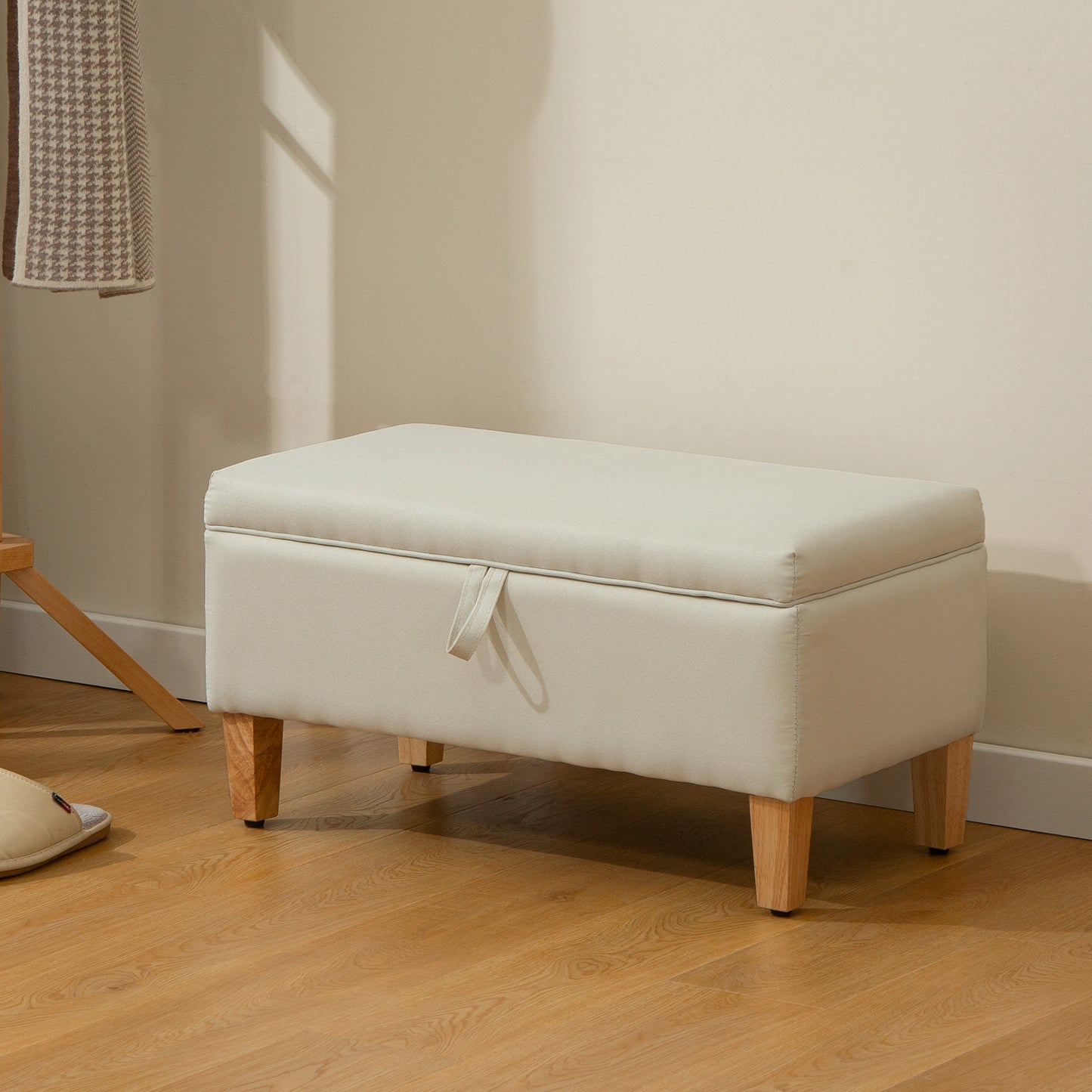 HOMCOM 30L Linen Storage Ottoman Padded Footstool With Rubberwood Legs Beige For Storage Box Bed End Shoe Bench Seating