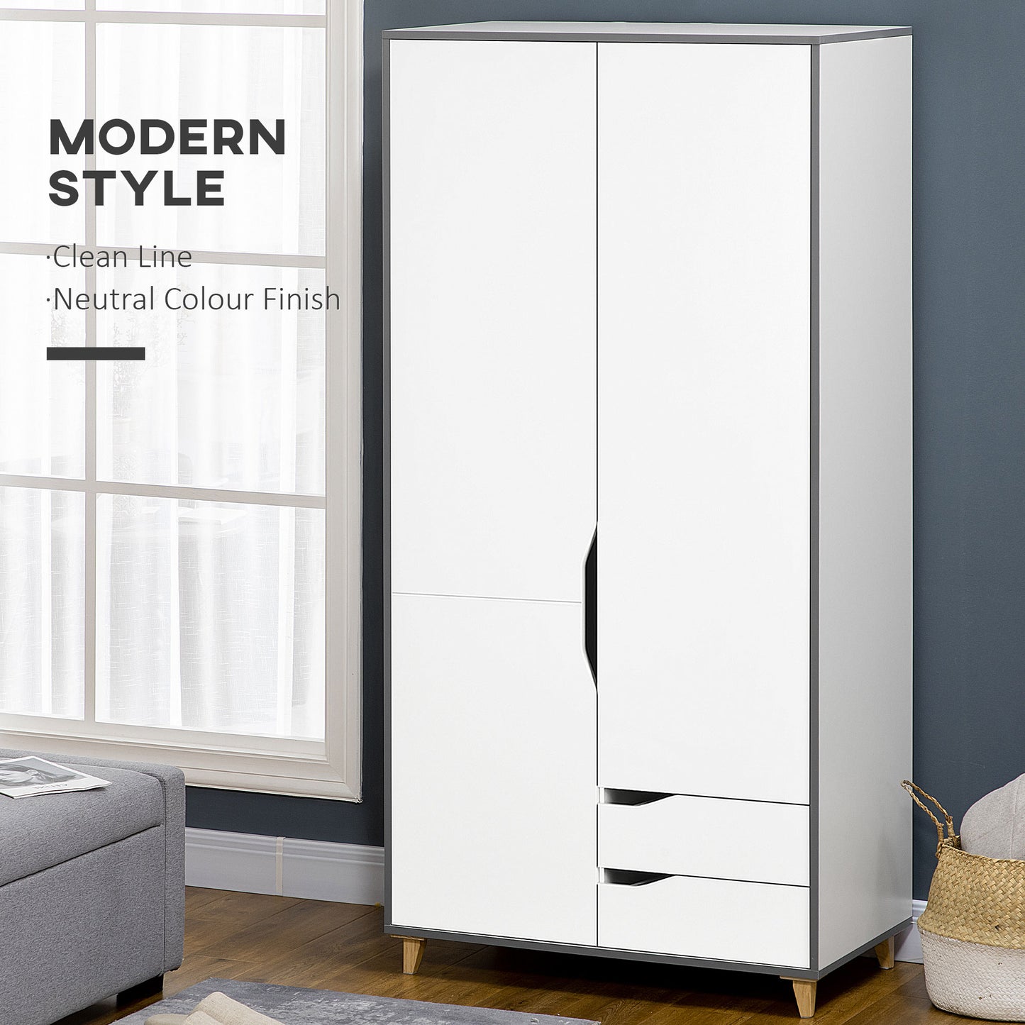 Modern Grey and White Bedroom Furniture Set with Wardrobe and 3 Drawer Chest by HOMCOM - ALL4U RETAILER LTD