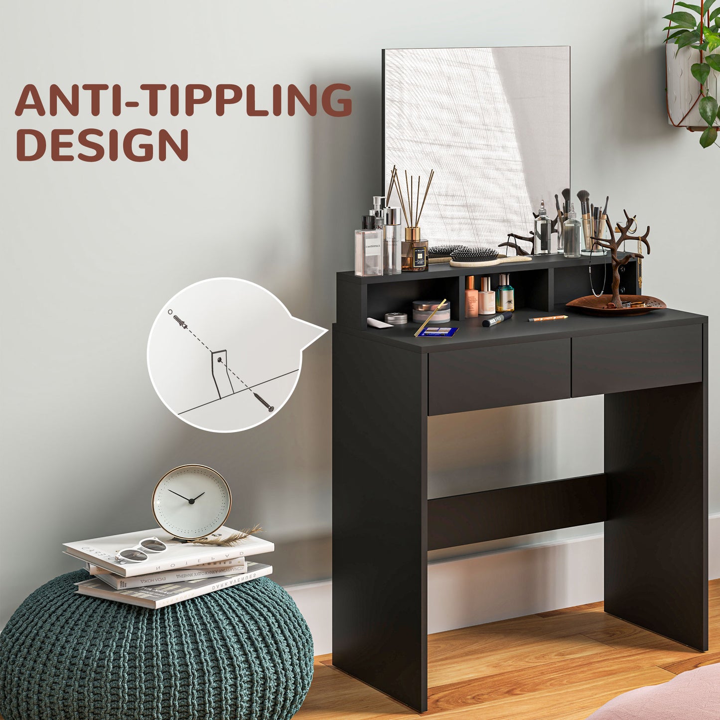 HOMCOM Multi Storage Vanity Dressing Table With Mirror And Drawers In Black With Three Shelves And Anti Tipping Straps