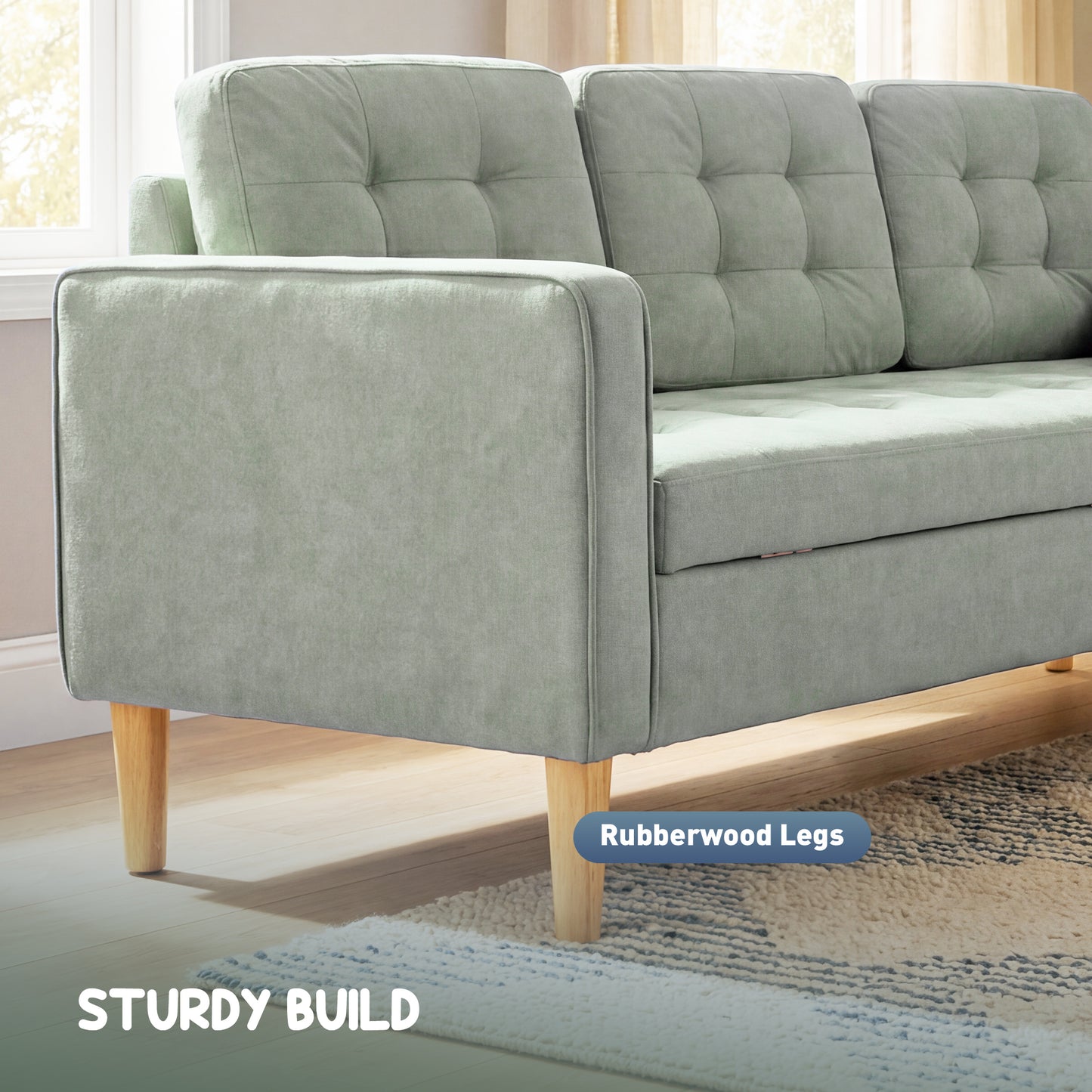 HOMCOM 3 Seater Sofa With Hidden Storage And Wood Legs 169cm Light Grey Upholstery For Living Room