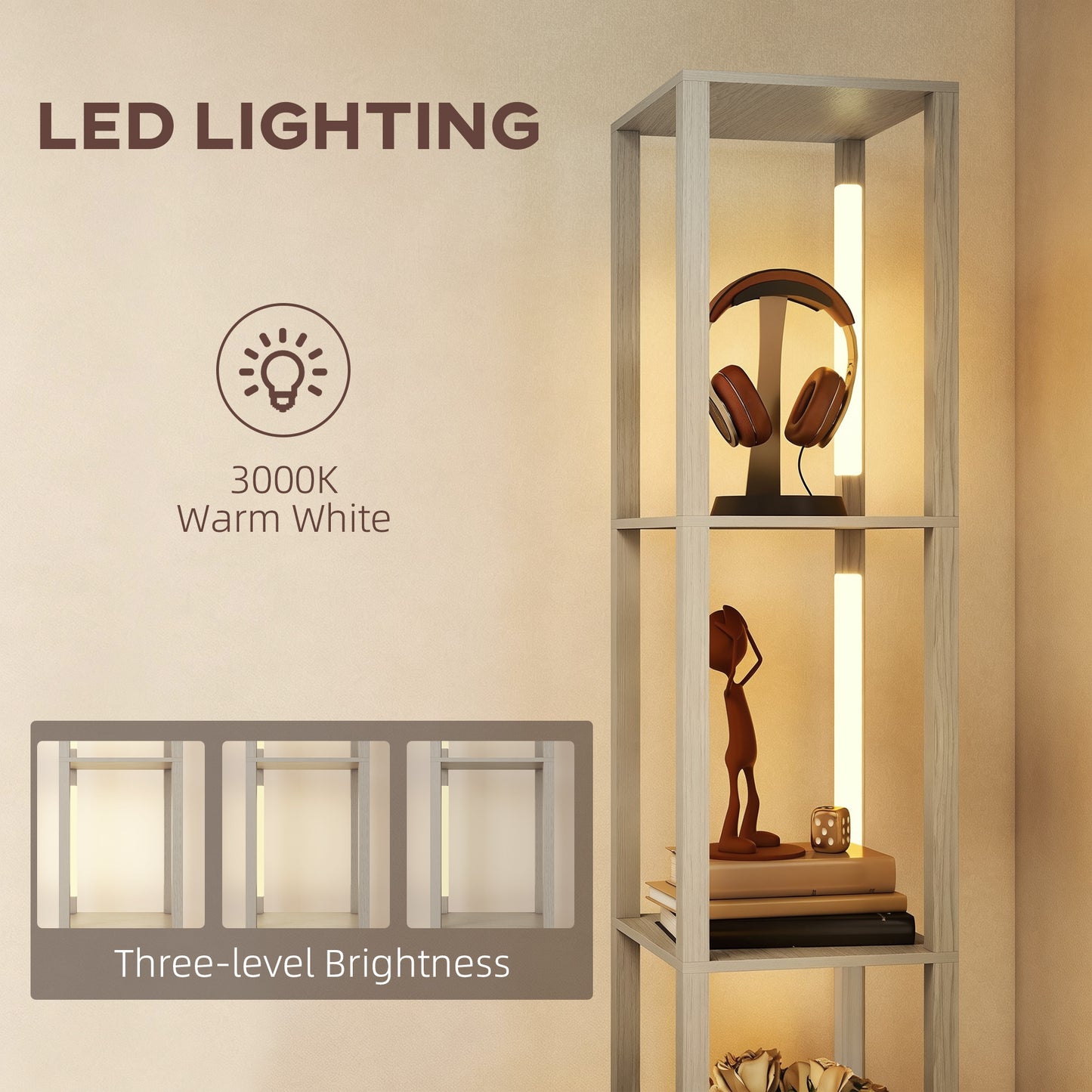 HOMCOM Floor Lamp With Shelves LED Column Modern Standing Lamp Fabric Drawer Adjustable Brightness Foot Switch Oak
