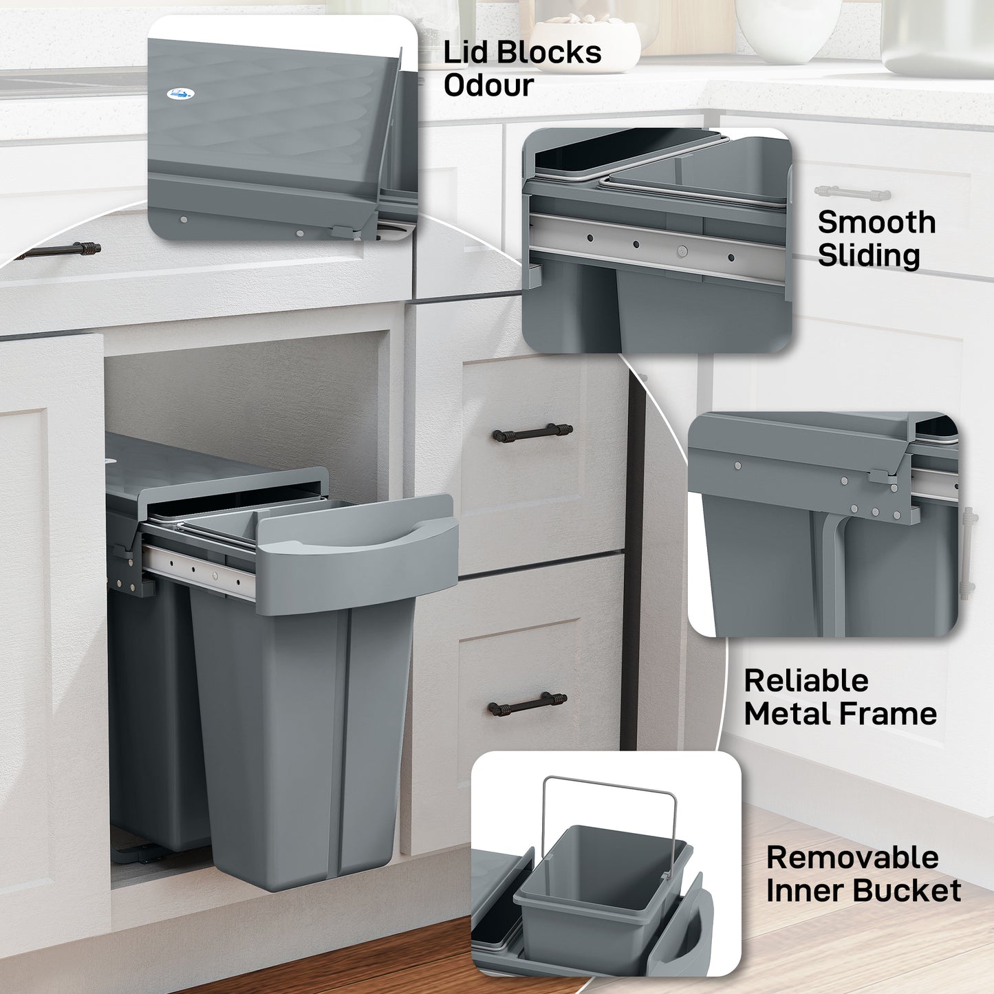 HOMCOM 2 Bin Under Sink Kitchen Trash Bin With Dual 20L And 10L Compartments Removable Bins Diamond Pattern Lid Gray
