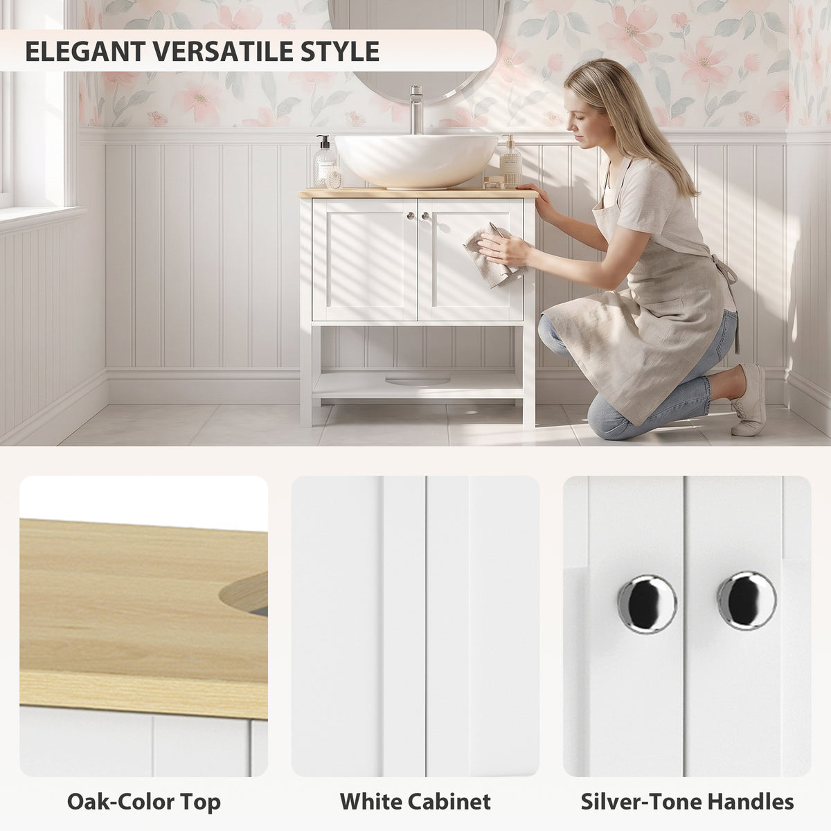 Under-sink cabinet with oak-color top, white cabinet, and silver-tone round handles.