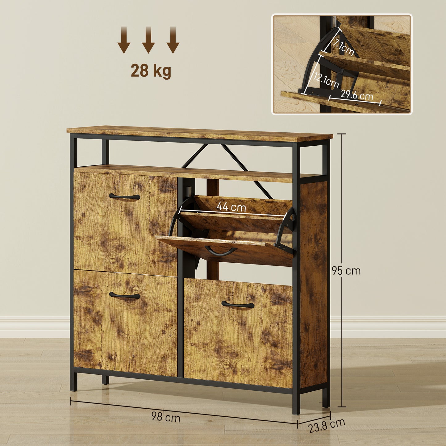 HOMCOM Rustic Brown Shoe Storage Cabinet With 4 Flip Drawers And Open Shelf Industrial Style