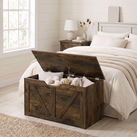 Rustic brown wood-effect storage bench trunk with hinged lid open, showing toys inside