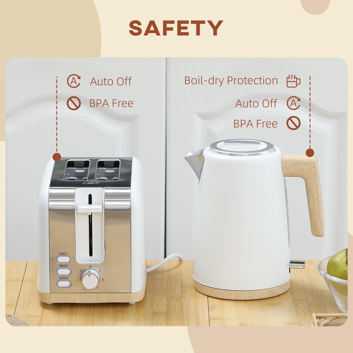 HOMCOM White Kettle and Toaster Set 1.7L 3000W 2 Slice Toaster with 7 Level Browning Defrost Reheat Auto Off