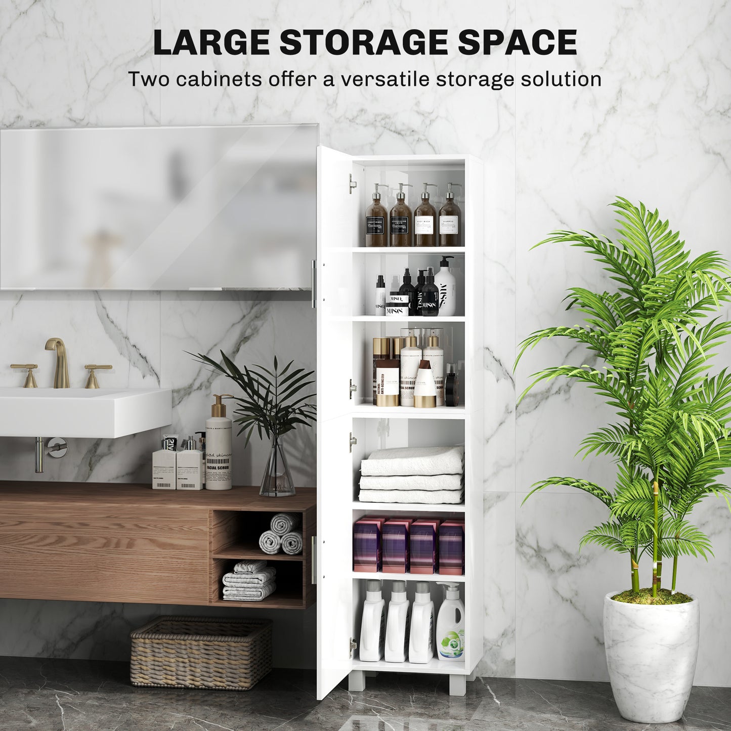 HOMCOM Tall Freestanding White High Gloss Bathroom Cabinet With Adjustable Shelves And Double Doors