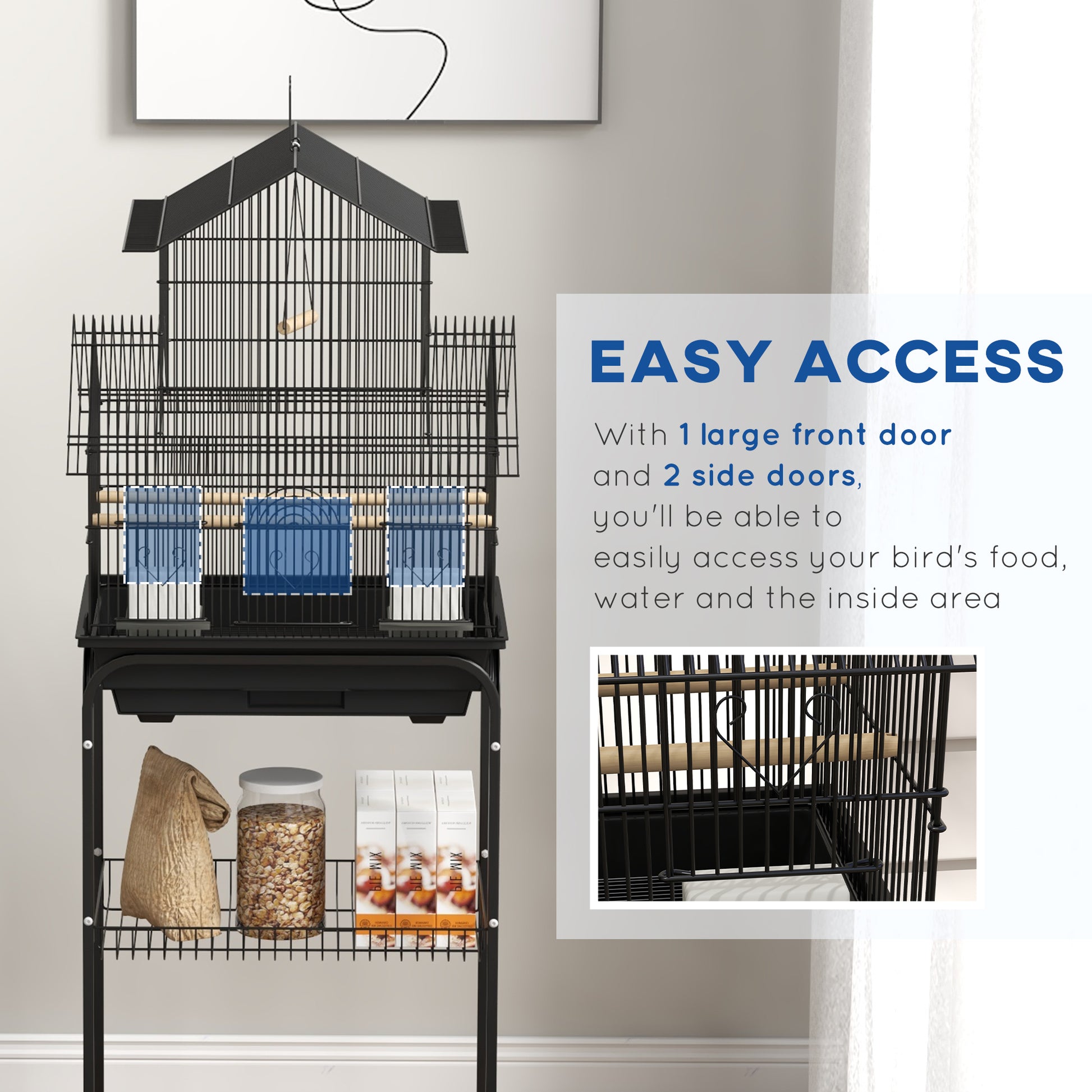 PawHut Deluxe Metal Bird Aviary with Stand, Swing Perch, and Easy-Clean Food Tray for Small Birds - 50.5 x 40 x 63cm, Elegant Black Design - ALL4U RETAILER LTD