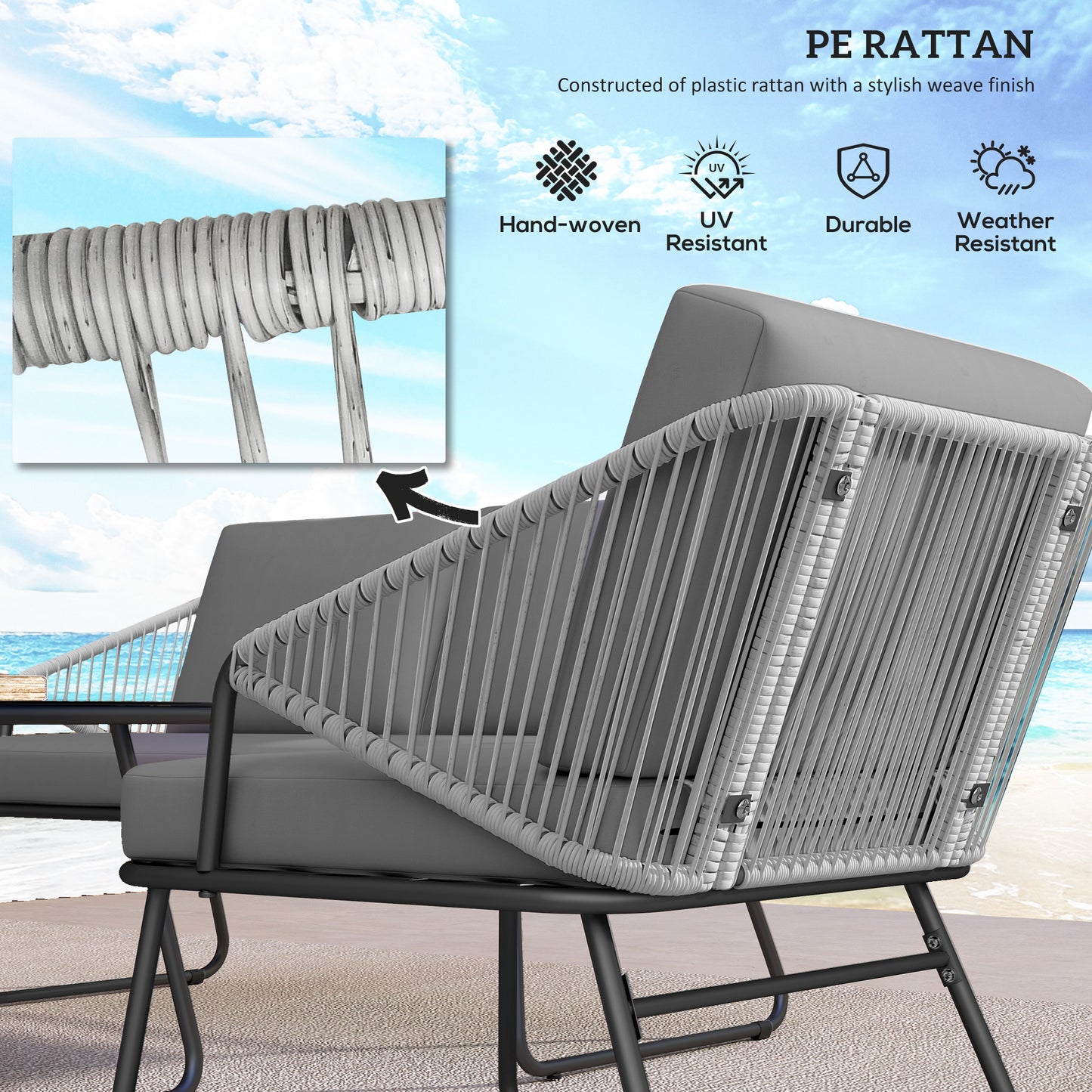 Outsunny Four Piece Rattan Outdoor Sofa Set with Strong Steel Frame Grey Loveseat Two Chairs and Coffee Table