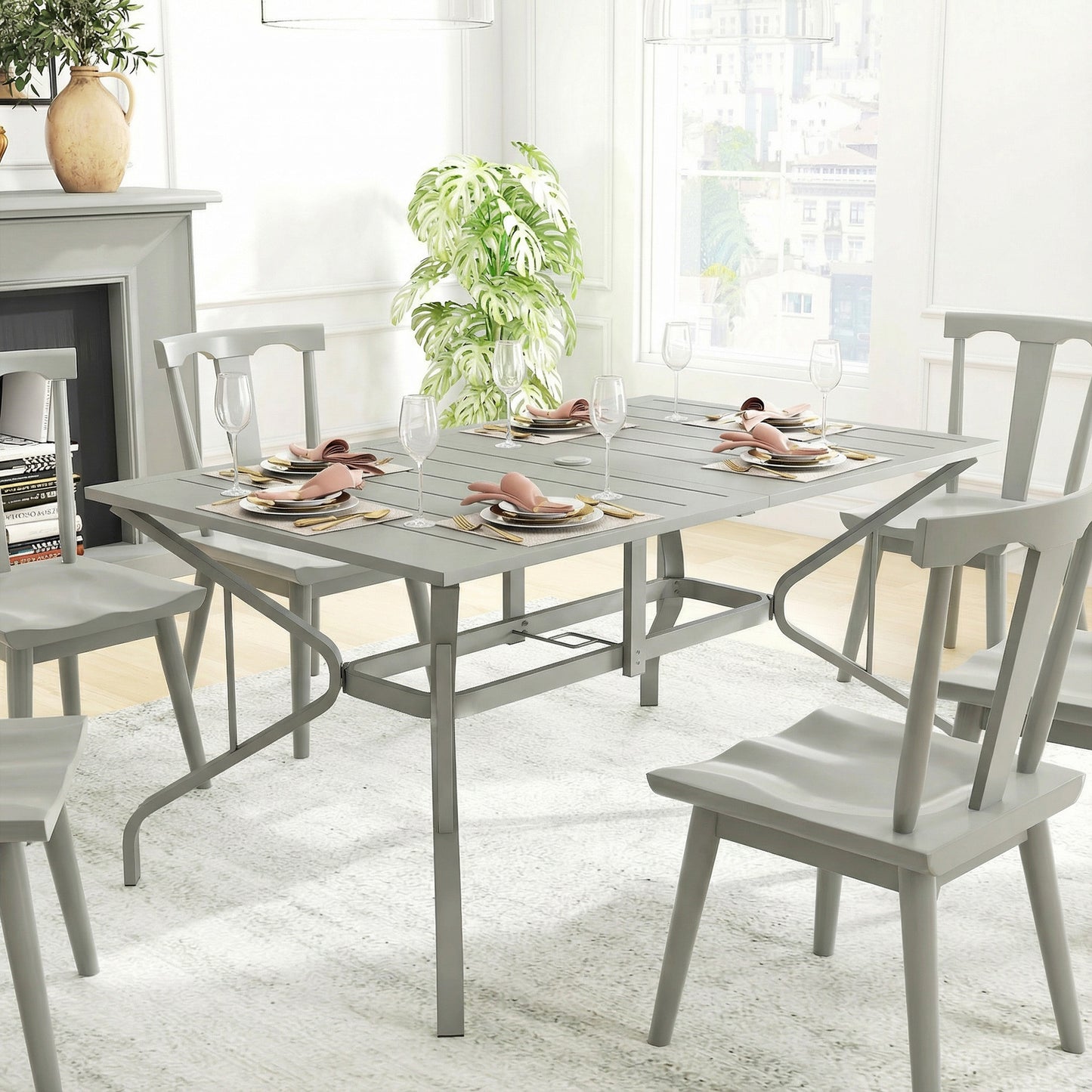 Outsunny Rectangle Garden Table With Parasol Hole For Outdoor Dining For 6 Seats 150cm By 90cm Light Grey Patio Balcony