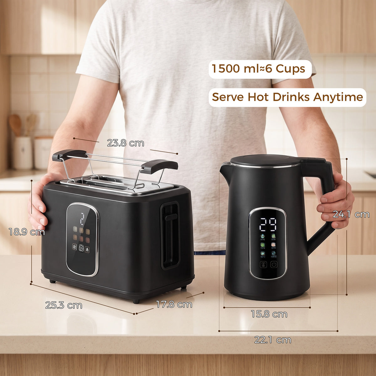 HOMCOM Kettle And Toaster Set With LED Touch Screen, 6 Browning Levels, Black