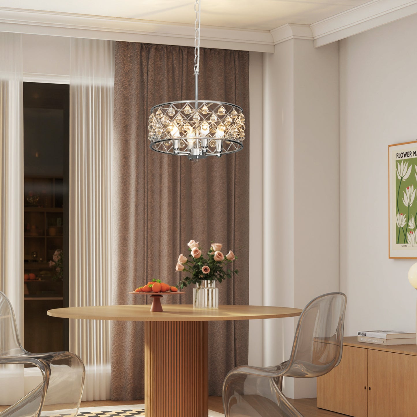 HOMCOM 51 Crystallite Four Bulb Heads Chandelier Silver Tone With Adjustable 130 cm Chain