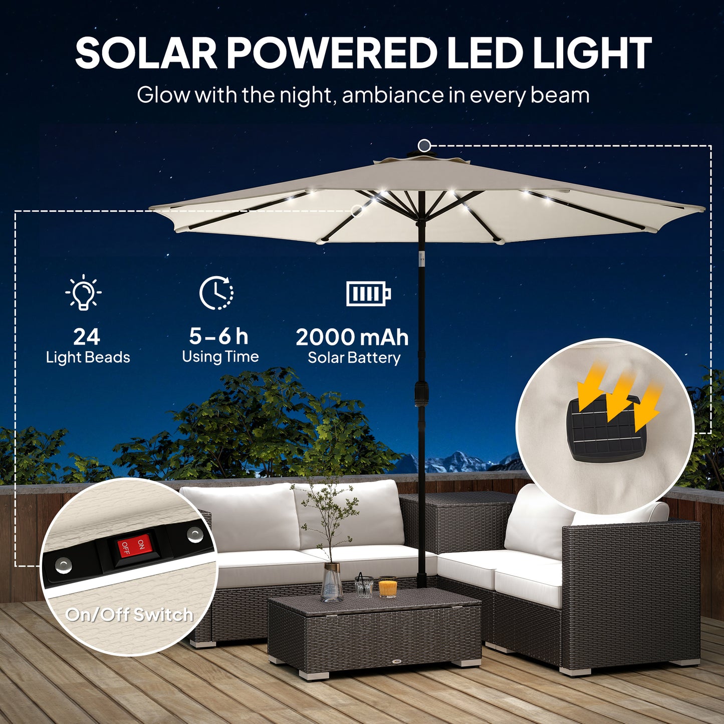 Outsunny 2.6 m Garden Parasol Umbrella With LED Solar Lights Cream White Canopy Includes Parasol Cover