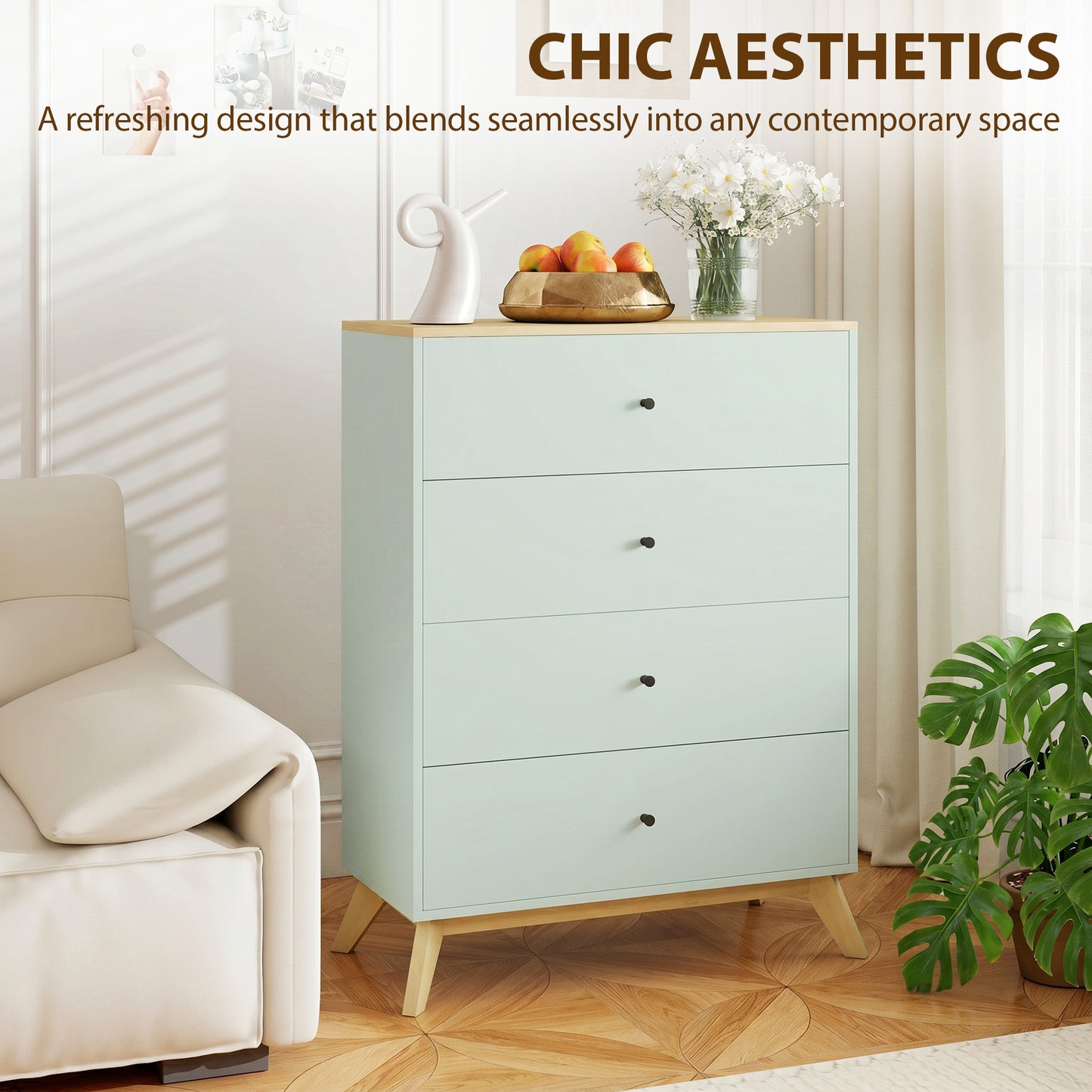 HOMCOM 4 Drawer Storage Cabinet Chest of Drawers for Bedroom and Living Room in Light Green and Oak Finish