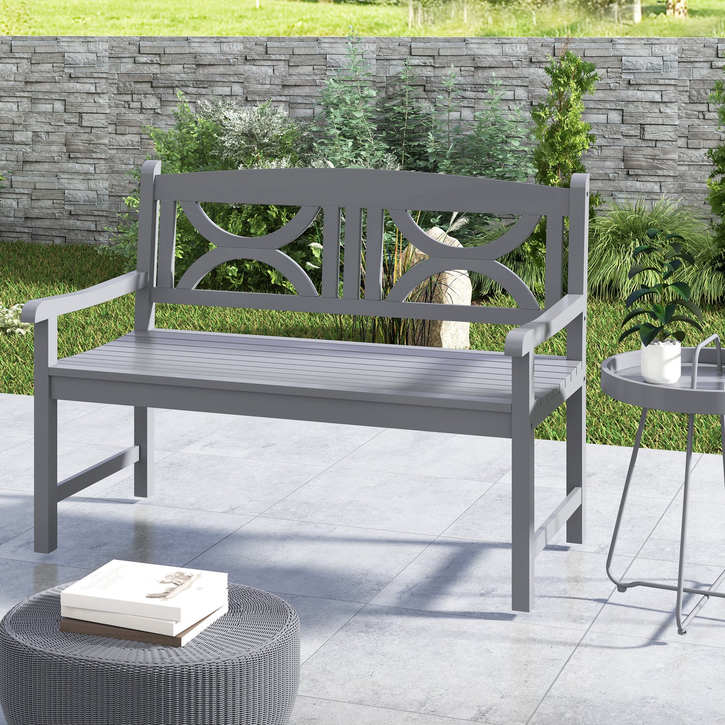 Outsunny 2 Seater Wooden Garden Bench Outdoor Patio Loveseat For Porch Grey Weather Resistant Poplar Wood