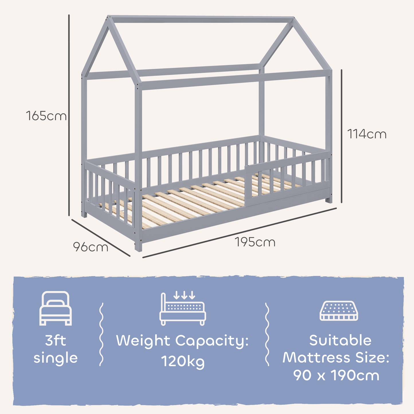 HOMCOM House Shaped Kids Bed Frame With Guard Rails Solid Pine Wood Single Bed Frame For Kids Boys And Girls Grey