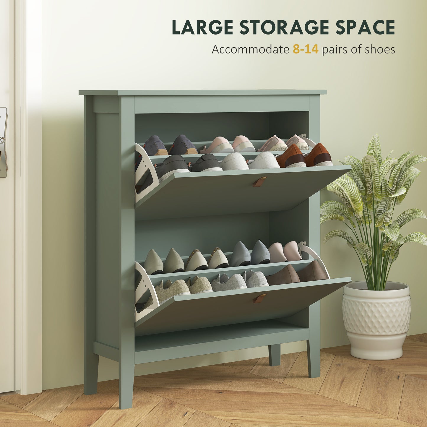 HOMCOM Modern Two Drawer Shoe Cabinet Green Slim Narrow Storage For 14 Pairs UK Men Size 9.5