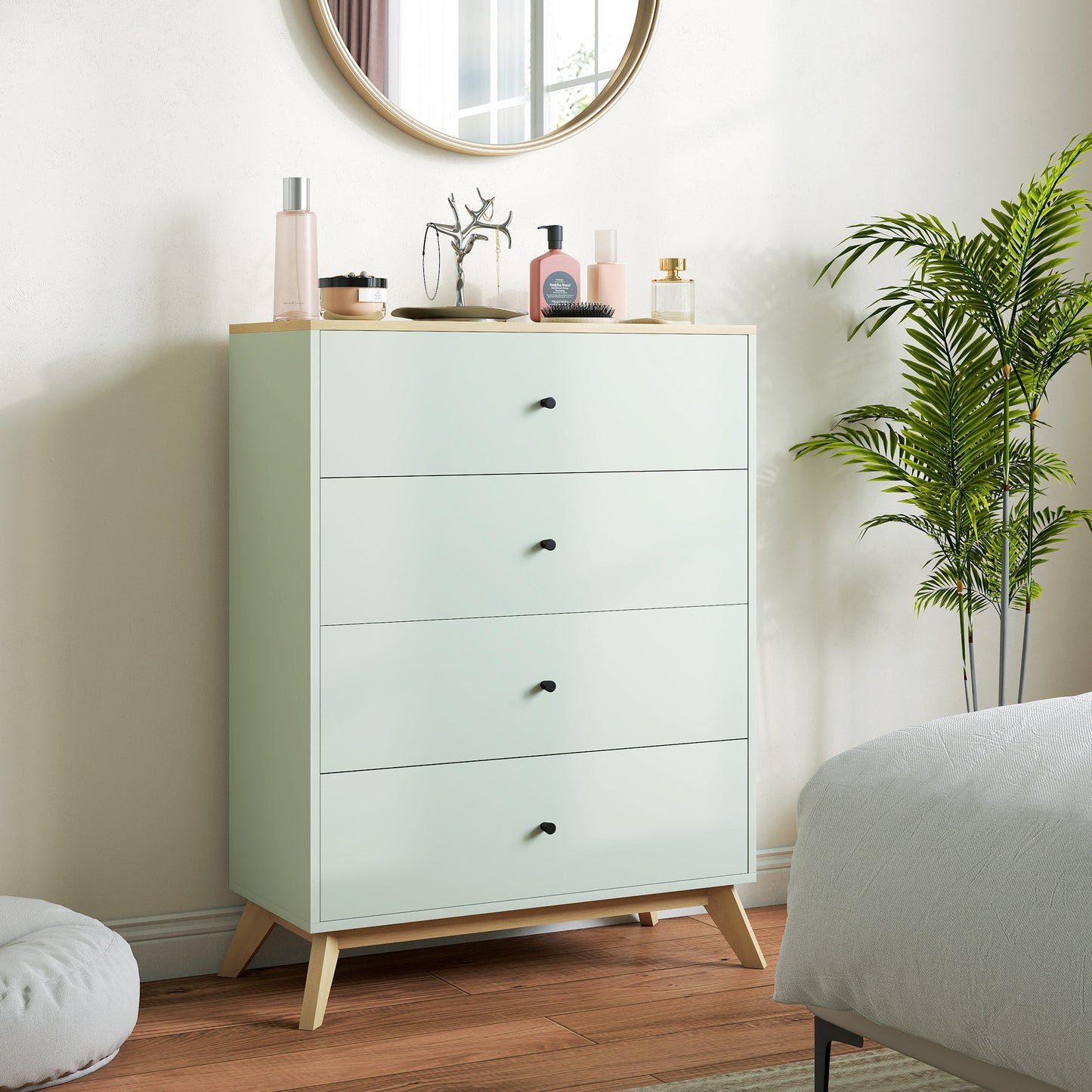 HOMCOM 4 Drawer Storage Cabinet Chest of Drawers for Bedroom and Living Room in Light Green and Oak Finish