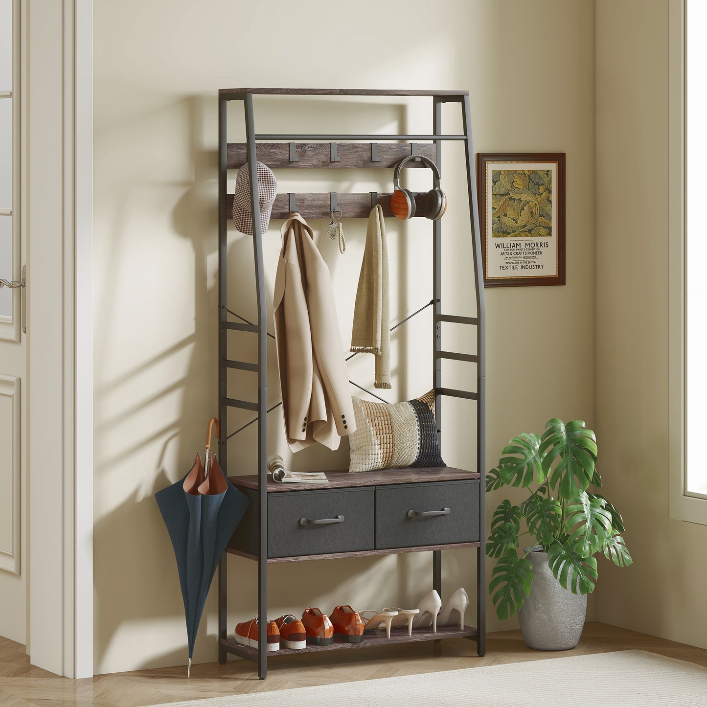 HOMCOM Hall Tree Coat Rack With Shoe Storage And Bench Industrial Organizer 10 Removable Hooks 2 Fabric Drawers Grey