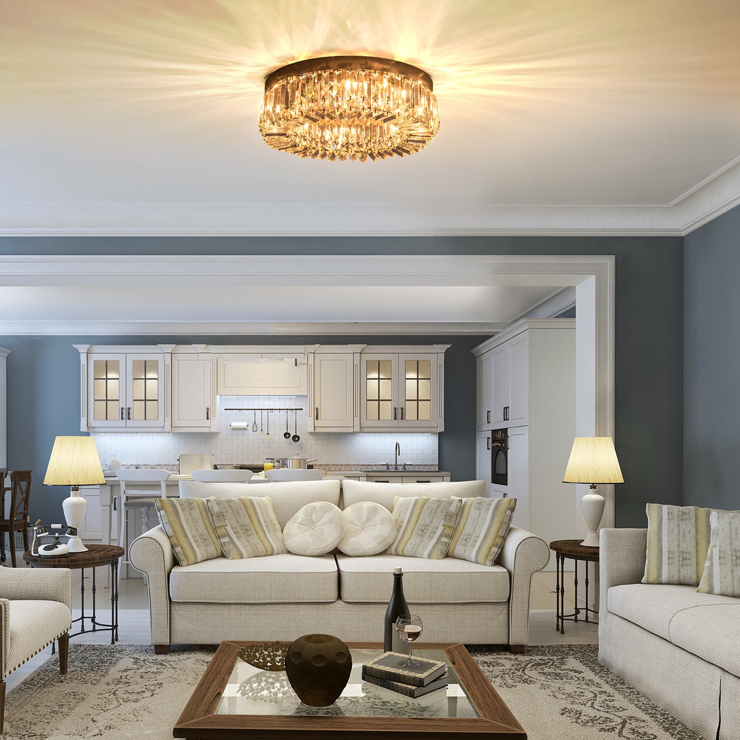 HOMCOM Crystal Ceiling Lights Set 2 Modern Flush Chandeliers Stainless Steel Base Pendant Lights Living Room Dining Room
