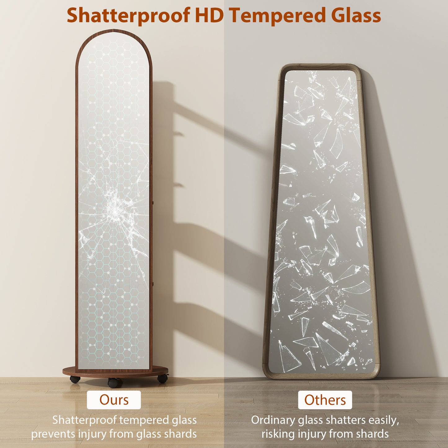 HOMCOM 2 In 1 Full Length Mirror With Storage Shelves Floor Mirror With 4 Wheels Coat Rack And Hooks Brown Wood Effect
