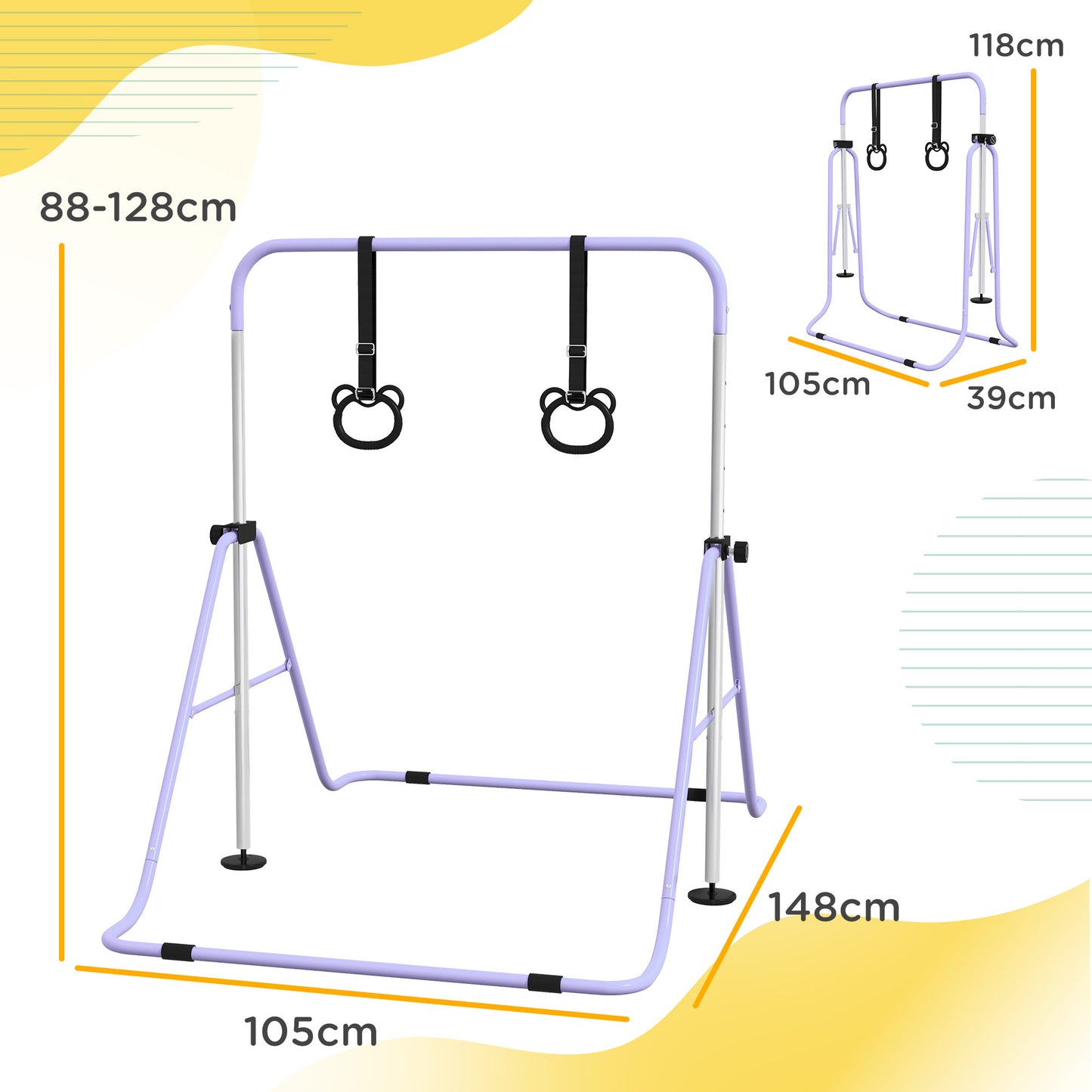 HOMCOM Height-Adjustable Foldable Gymnastics Bar for Kids 3+, Purple with Non-Slip Mats - ALL4U RETAILER LTD