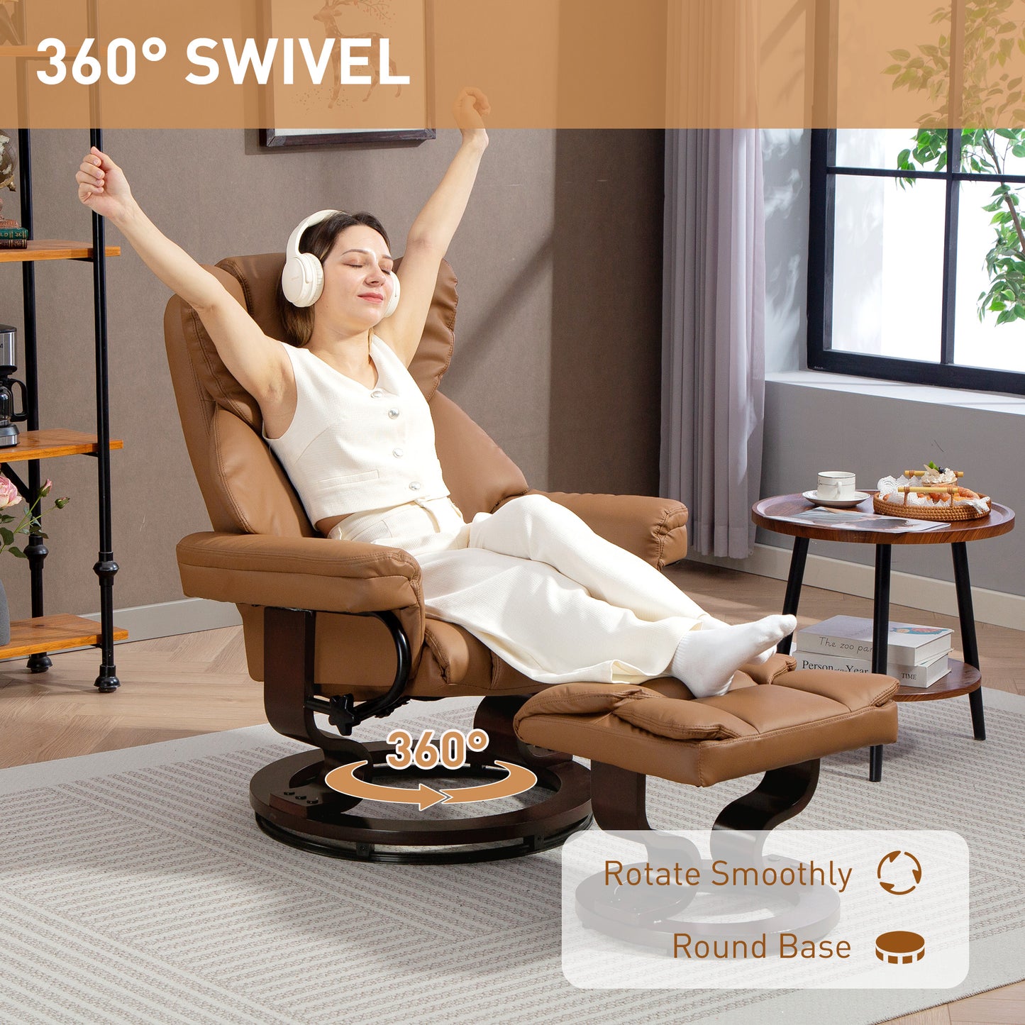 HOMCOM Faux Leather Reclining Armchair And Footstool In Brown With Wide Seat And Thick Padding For Maximum Comfort