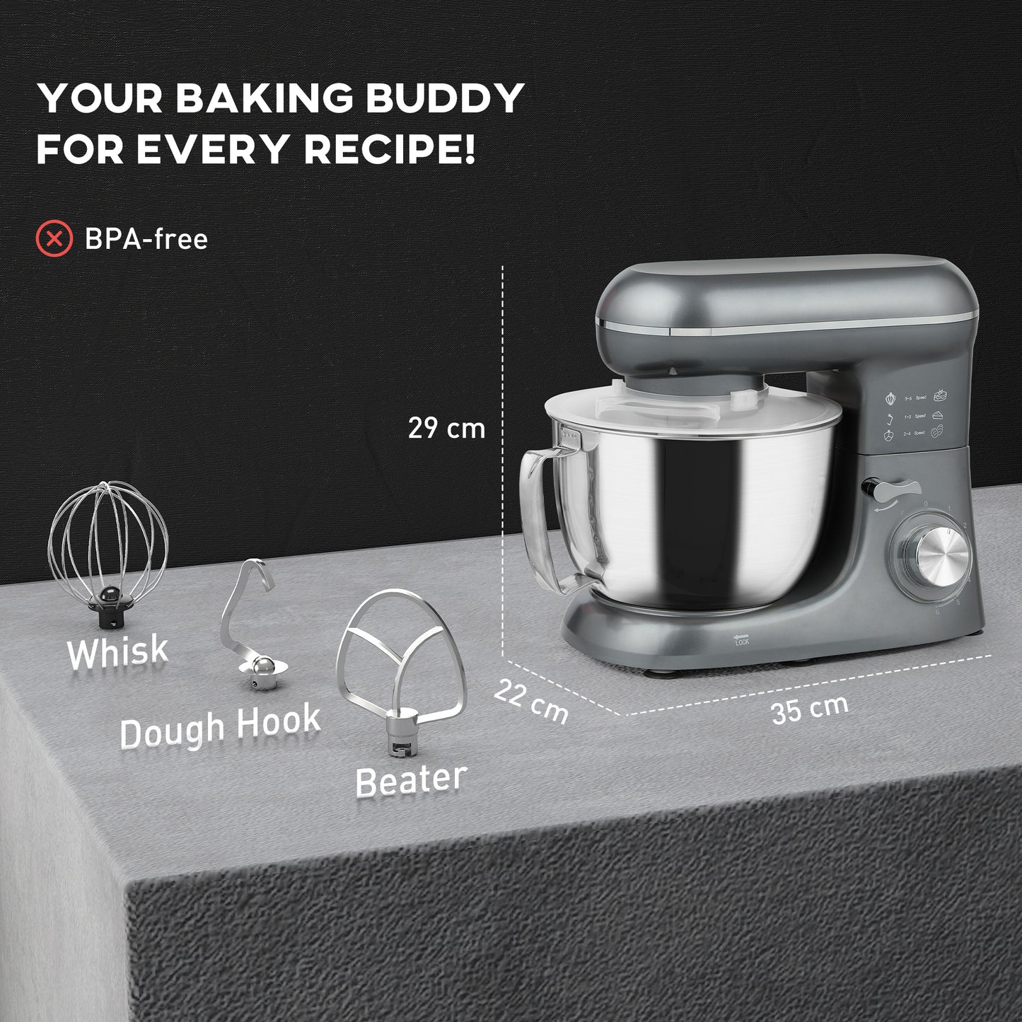 HOMCOM 1300W Stand Mixer With Accessories Six Speeds Pulsation 4.5L Stainless Steel Bowl Silver
