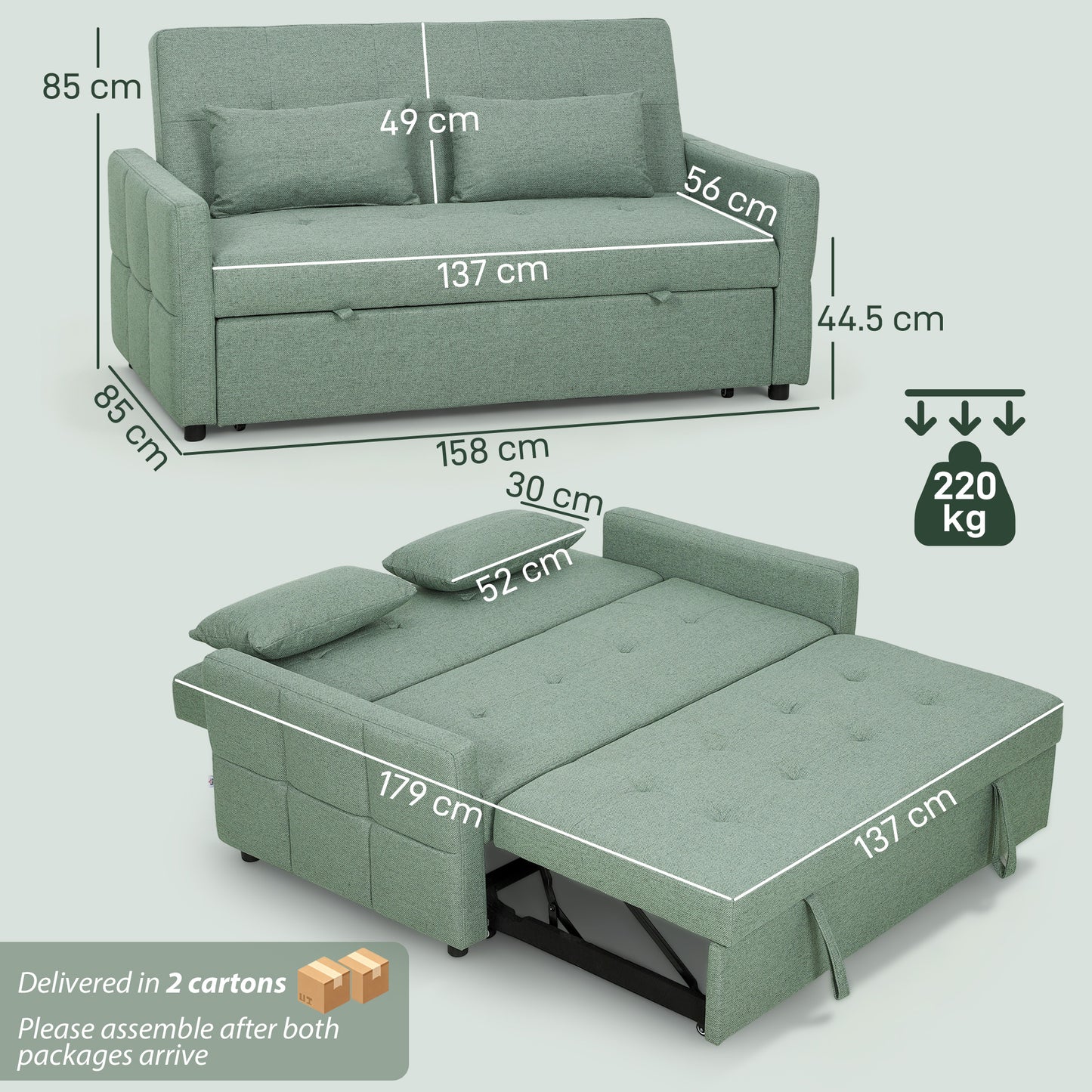 HOMCOM Three Way 2 Seater Sofa Bed With Three Position Back And Two Soft Pillows Green
