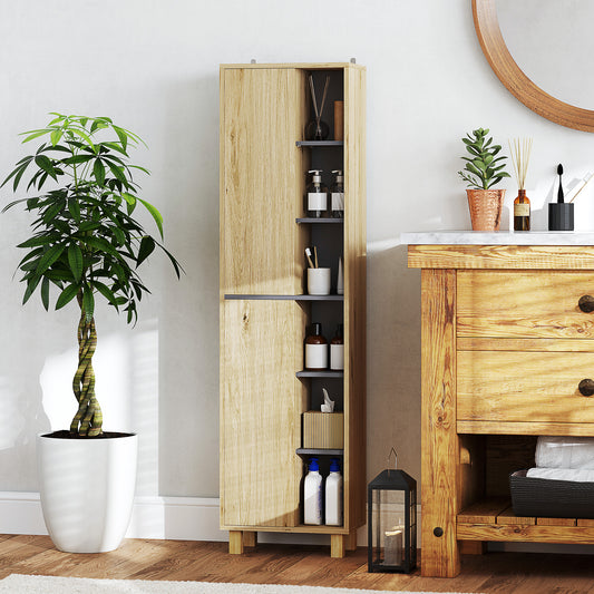 HOMCOM Slim Bathroom Cabinet With Wood Effect Finish 6 Open Shelves And 2 Three Layer Cabinets Anti Tip Straps