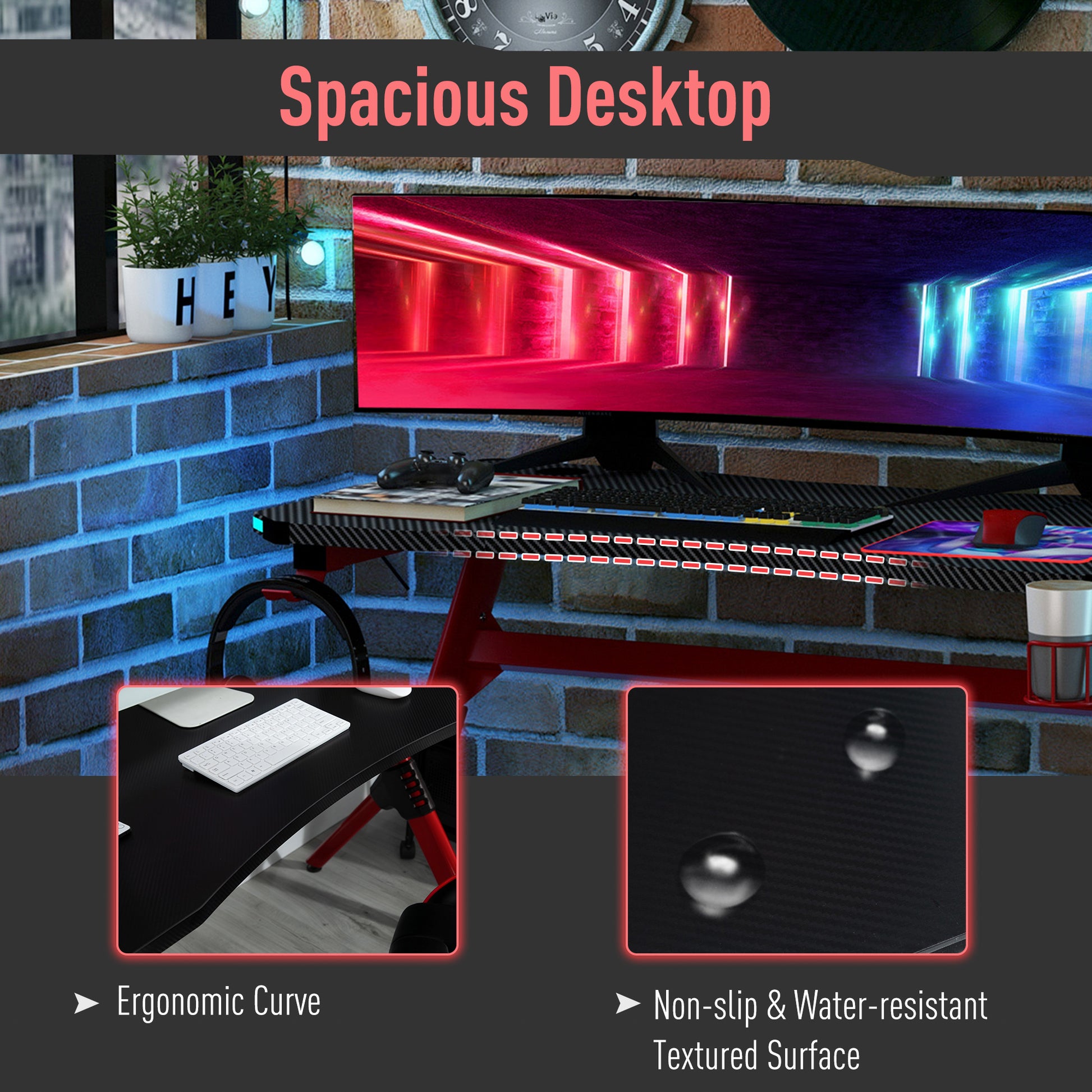 HOMCOM RGB LED Gaming Desk with Racing Style Design, Cup Holder & Cable Management in Red - ALL4U RETAILER LTD