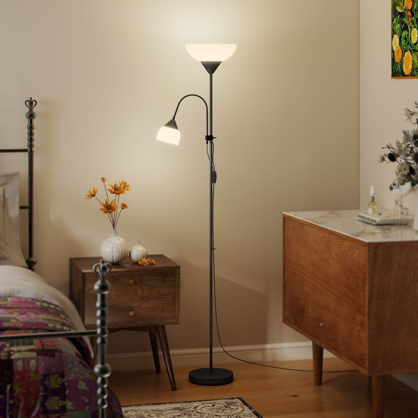 HOMCOM LED Floor Lamp For Living Room With Adjustable Gooseneck Dual Lights Mother And Child Uplighter Black 180cm
