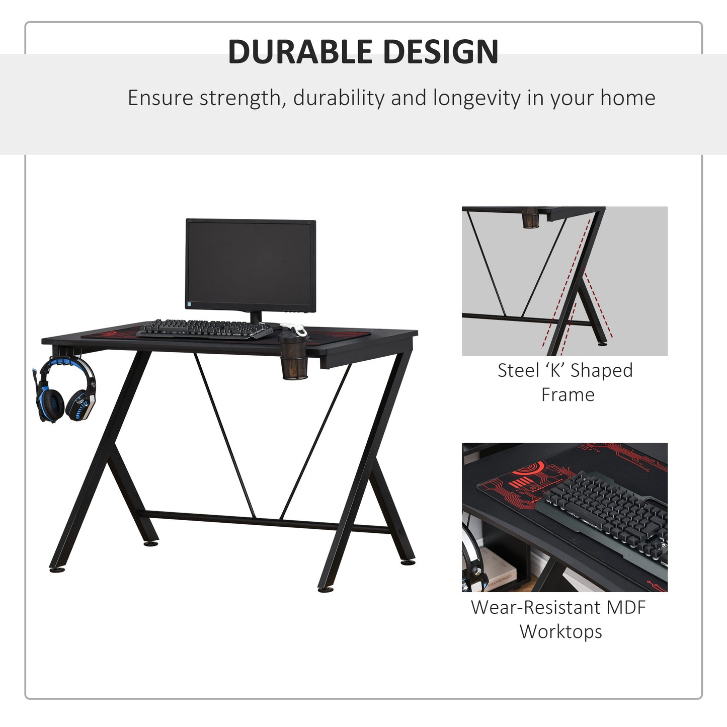 HOMCOM Black Gaming Desk with Metal Frame, Cup Holder, Headphone Hook, and Cable Management - ALL4U RETAILER LTD